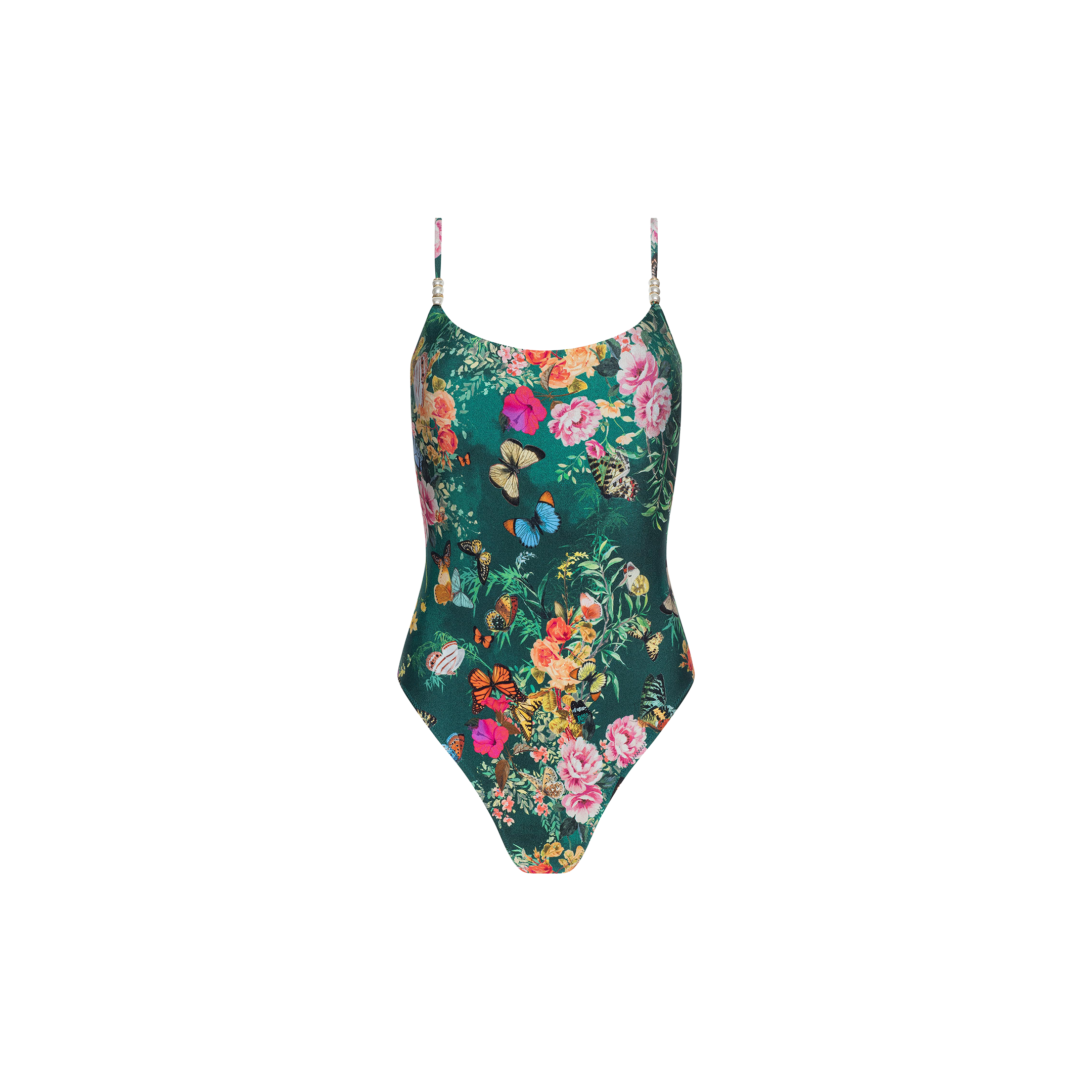 Remi One-Piece Swimsuit in green with adjustable straps, showcasing a vibrant floral-butterfly print in multiple colors on a crisp white background.