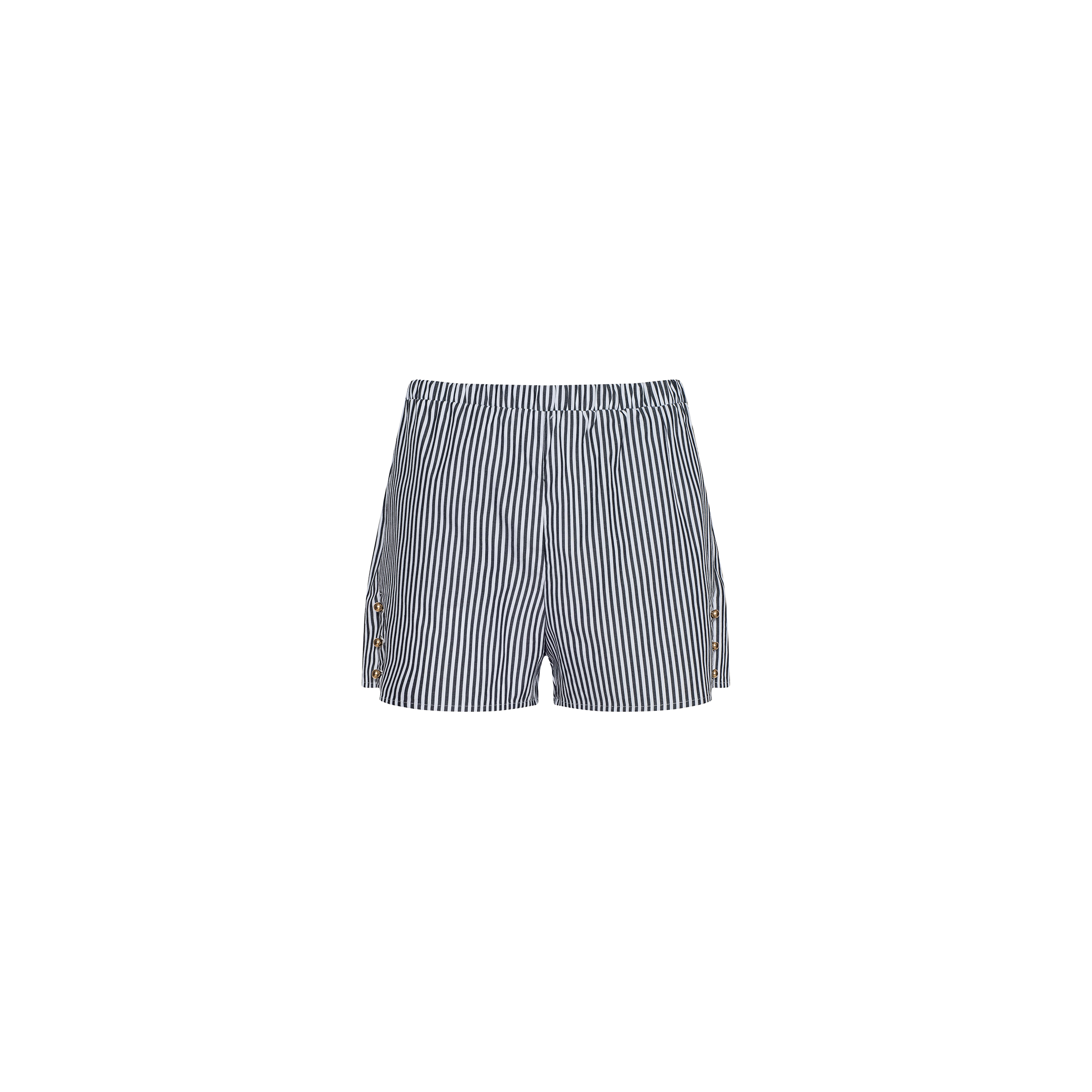 The Amiya Cover-Up Short features blue and white vertical stripes in cotton poplin, designed with an elastic waistband—ideal for resort dressing—and is displayed on a plain white background.