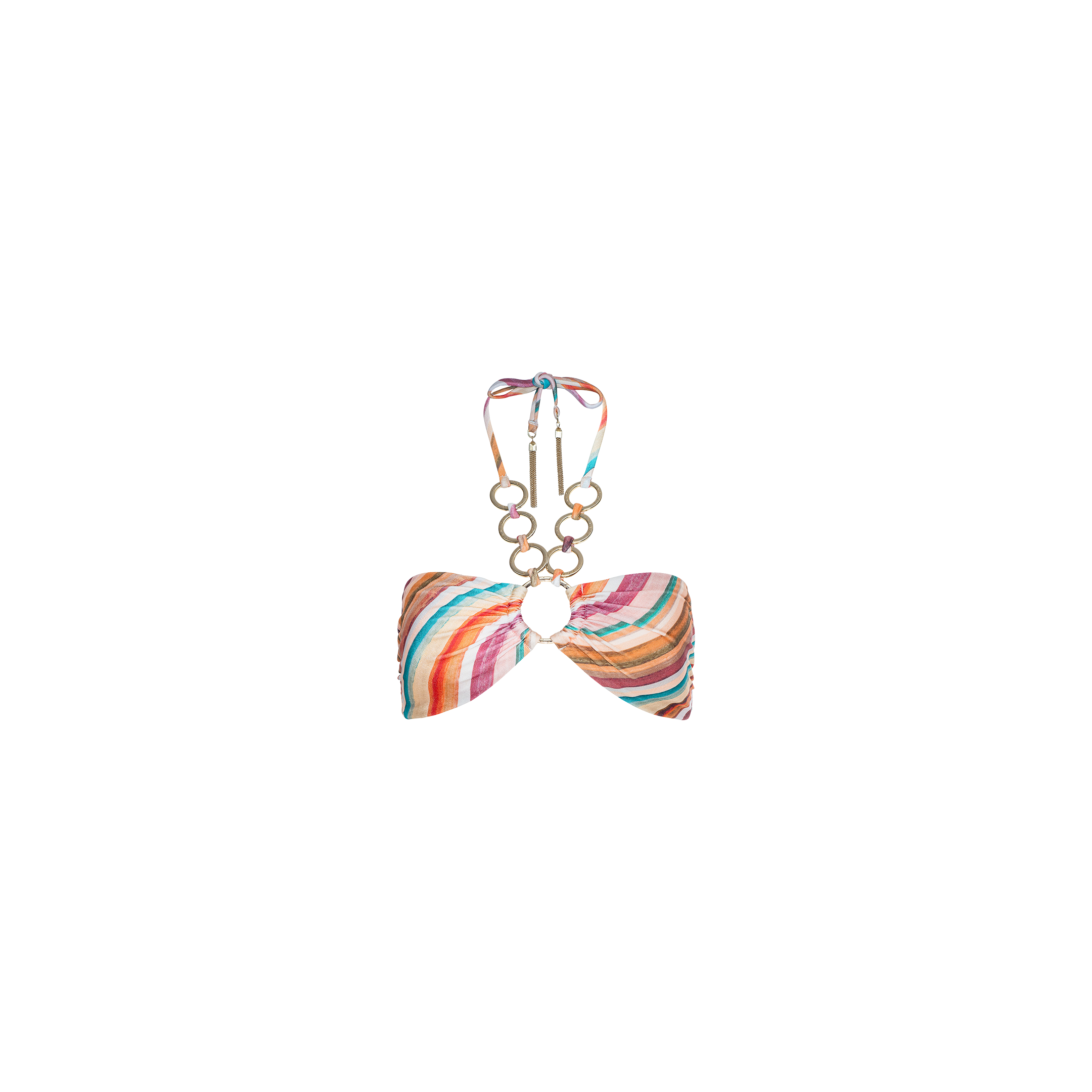 The Krysta Halter Bikini Top features multicolored stripes, a central cutout with gold ring accents, and a halter neck tie—delivering a chic retro-inspired look—shown against a plain white background.