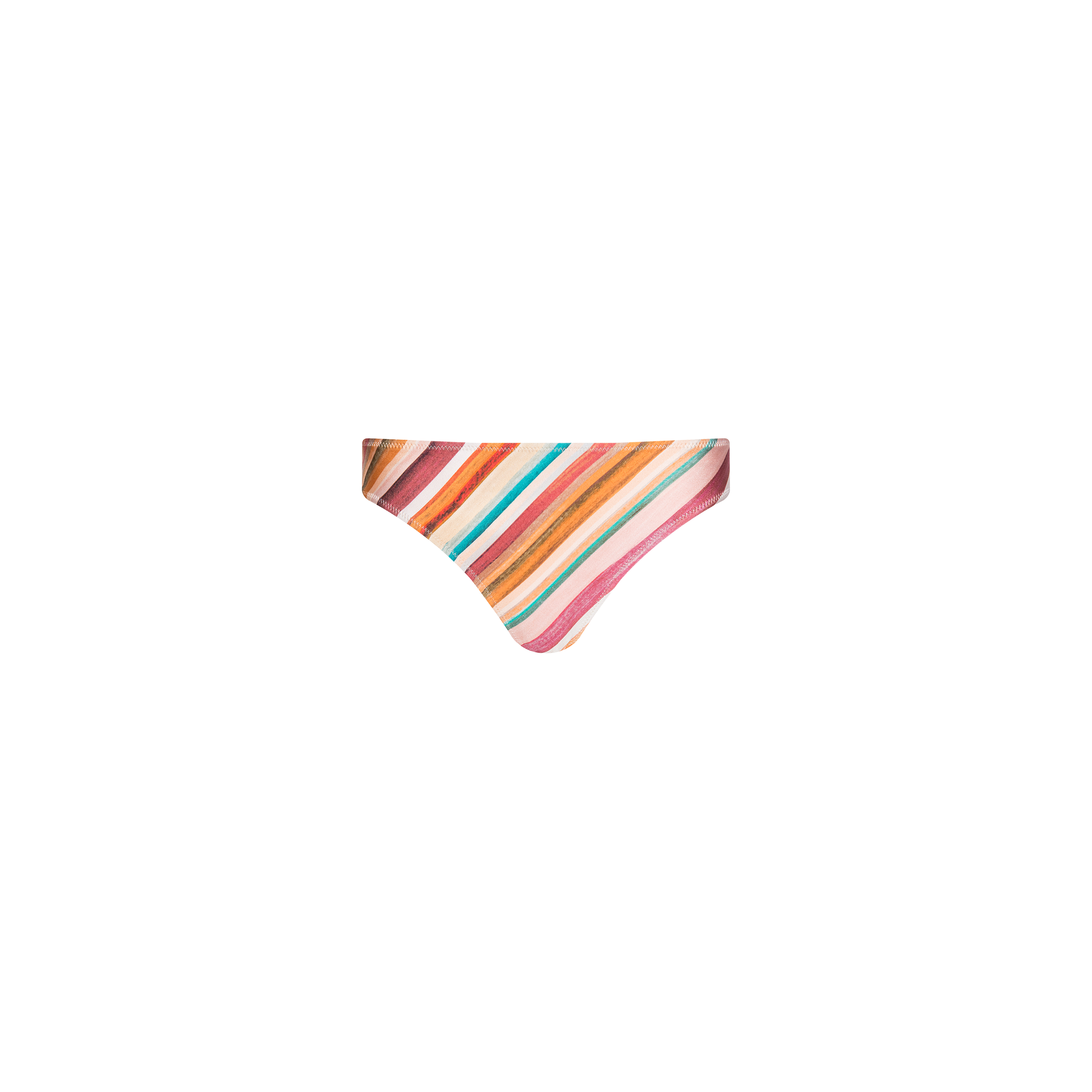 The Nicole Bikini Bottom features retro watercolor stripes in pink, orange, yellow, white, and teal on a crisp white background. Crafted from four-way stretch nylon for comfort, these bikini bottoms offer a moderate coverage swimsuit fit.