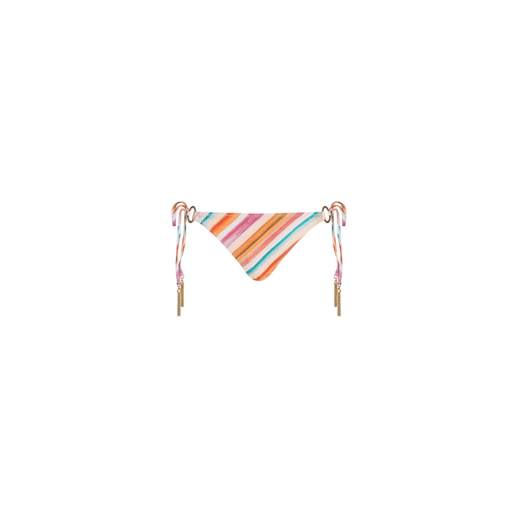 The Britt Tie-Side Bikini Bottom features multicolored stripes, adjustable tie sides, and gold accents for moderate coverage, shown against a plain white background.