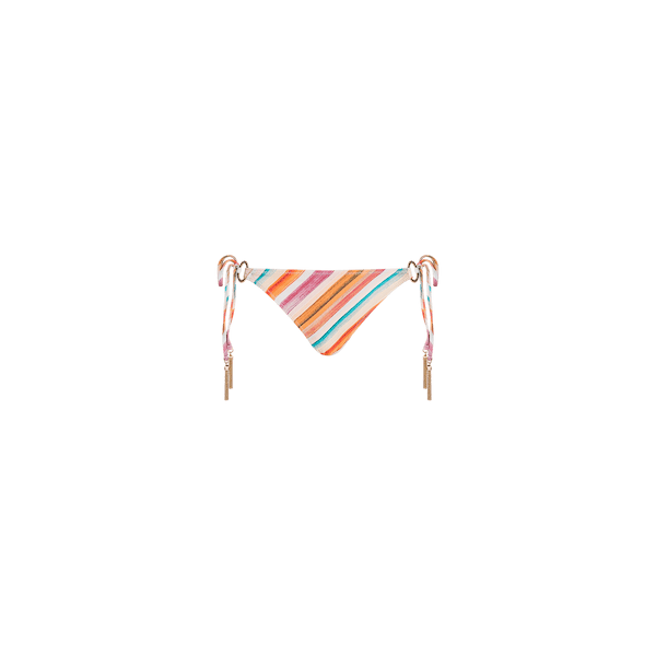 The Britt Tie-Side Bikini Bottom features multicolored stripes, adjustable tie sides, and gold accents for moderate coverage, shown against a plain white background.