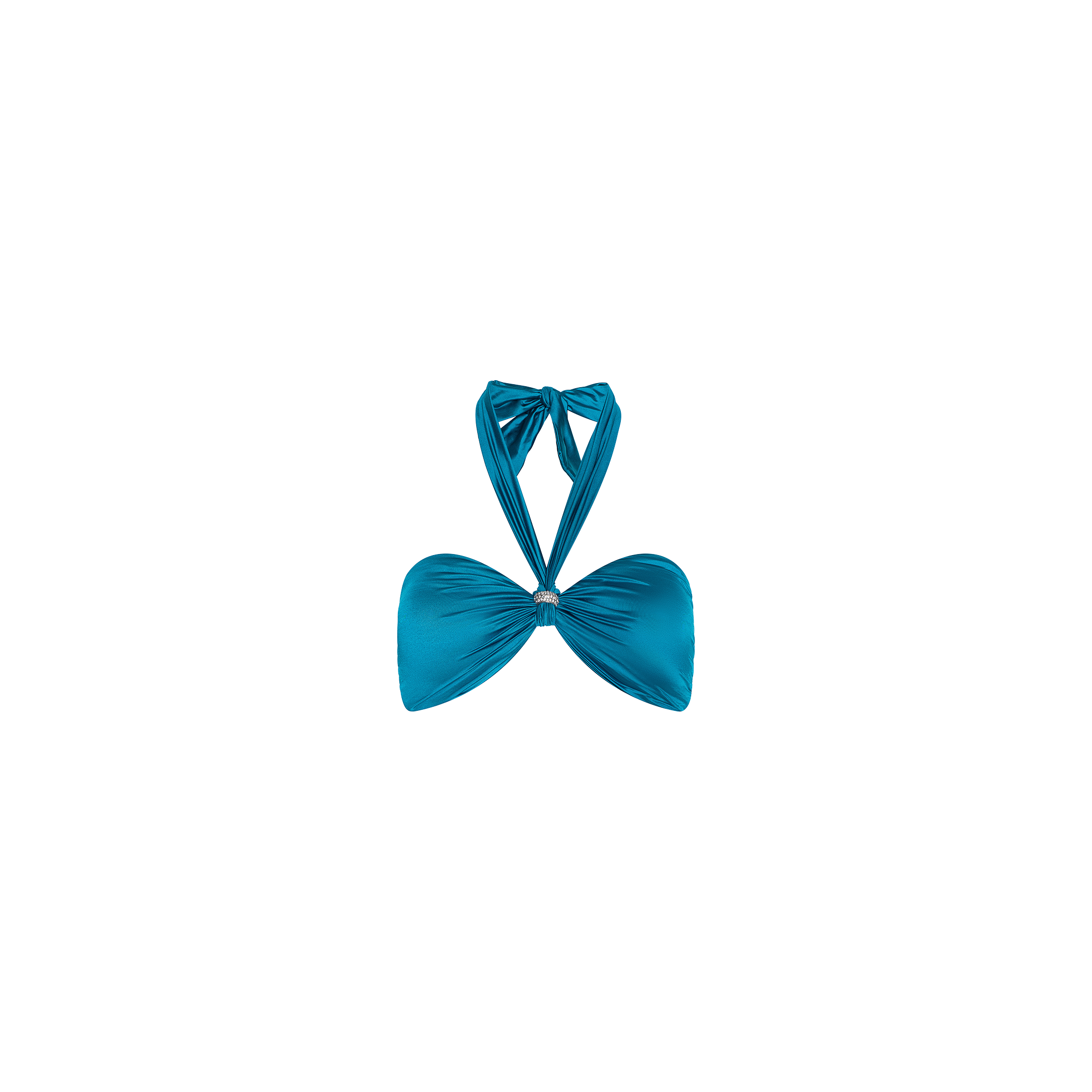 The Krysta Halter Bikini Top in teal features a bow tie at the neck and a ruched design at the cups, shown against a plain white background.