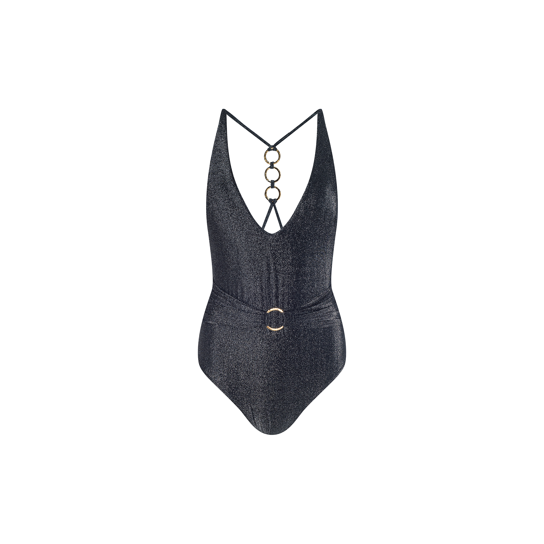 The Lisa Plunge One-Piece Swimsuit is a shimmery dark gray swimsuit with a plunging neckline, strappy back accented by three metal rings, and a belted waist featuring a circular buckle, shown on a plain white background.