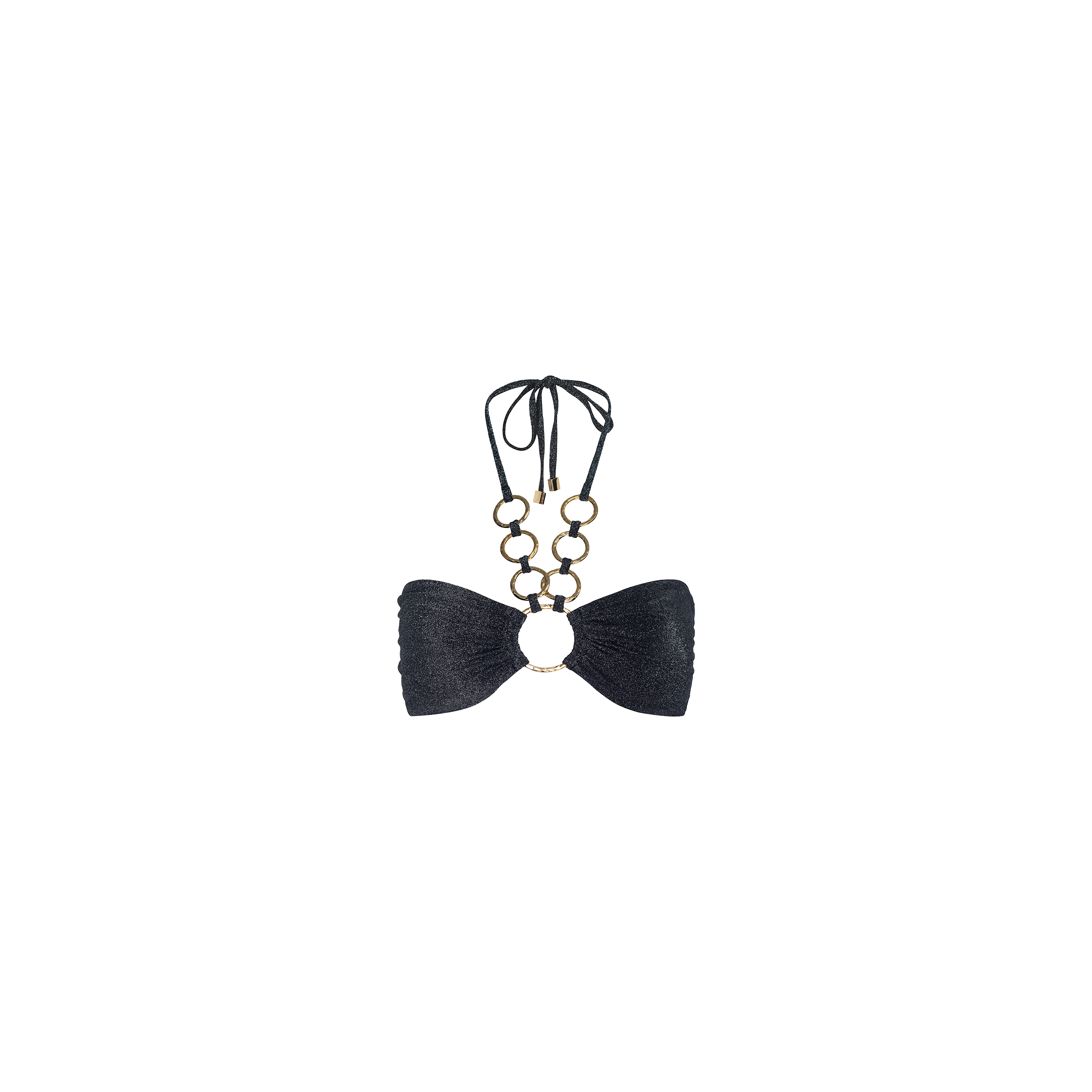 The Krysta Halter Bikini Top is a metallic black bikini top with gathered cups and gold ring details connecting the cups and straps. It features a halter silhouette, ties at the neck, and is showcased on a plain white background.