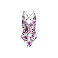 Introducing the Lisa Plunge One-Piece Swimsuit, showcasing a rose leopard print on a white background with pink roses, green leaves, and leopard illustrations. Designed with crisscross straps at the chest and a plunging neckline for a chic, stylish look.