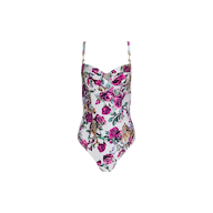 The Amie Bandeau One-Piece Swimsuit features adjustable shoulder straps and a vibrant floral and leopard print in pink, purple, and green on a white background. Designed as UPF 50 swimwear, this stylish one-piece offers excellent sun protection while showcasing a striking leopard print pattern.