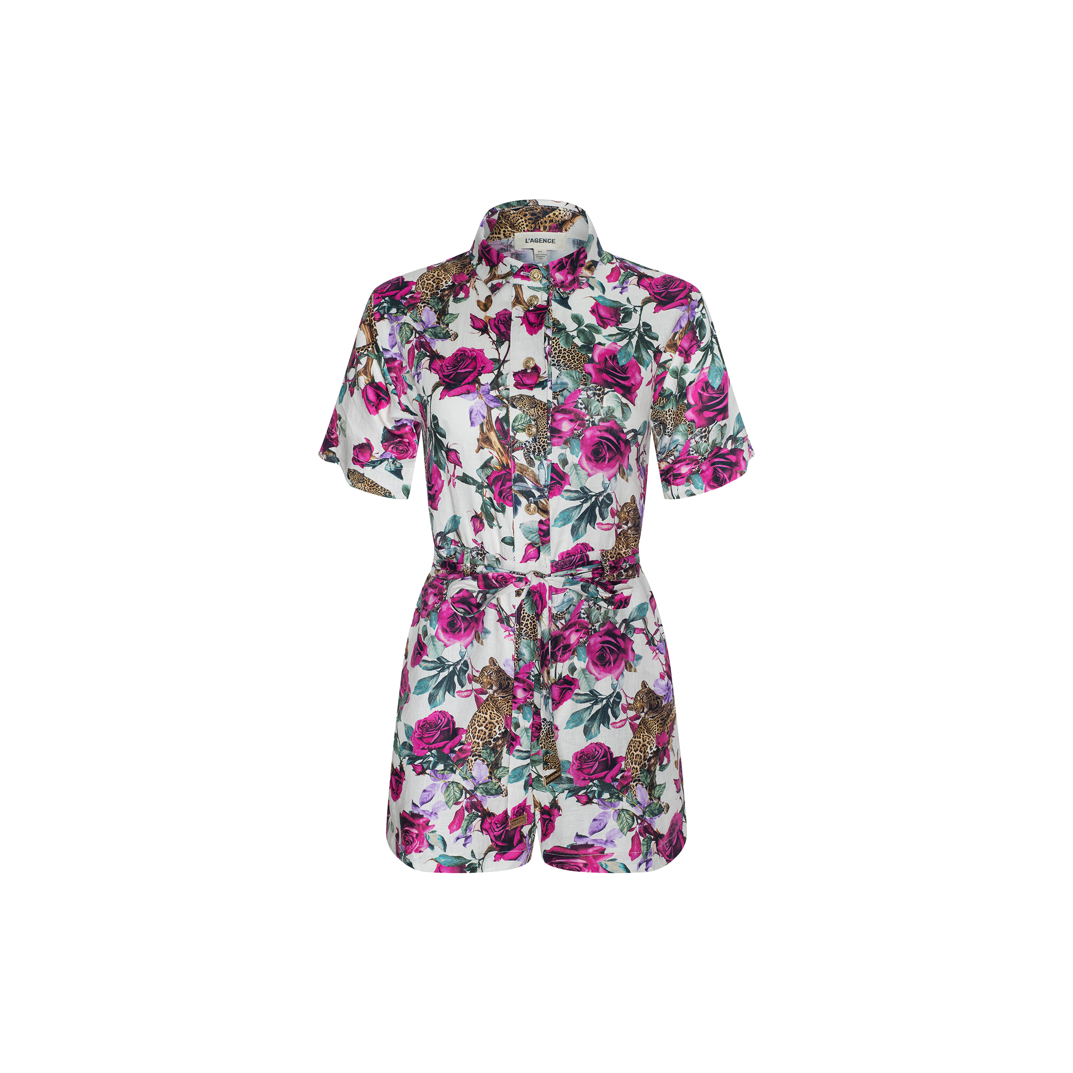 The Hestia Cover-Up Romper is a short-sleeve one-piece featuring a vibrant floral and leopard print, designed with a button-up front, collared neckline, and adjustable waist tie. Shown here on a plain white background.