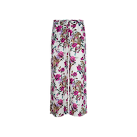 Geraldine Cover-Up Pant: Wide-leg linen resort pants with a white base, adorned with a vibrant rose leopard print and colorful floral accents in shades of pink, purple, green, and brown.