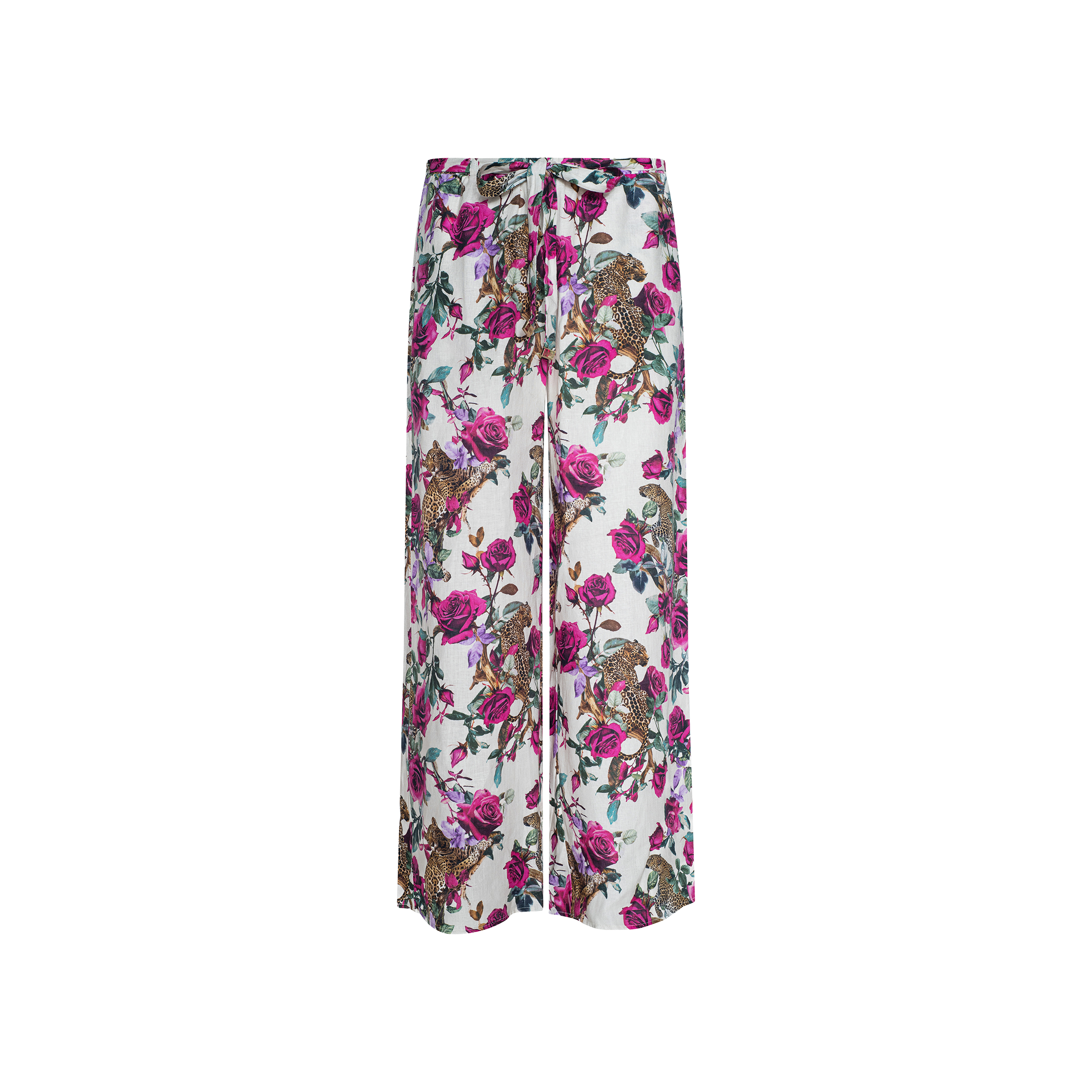 Geraldine Cover-Up Pant: Wide-leg linen resort pants with a white base, adorned with a vibrant rose leopard print and colorful floral accents in shades of pink, purple, green, and brown.