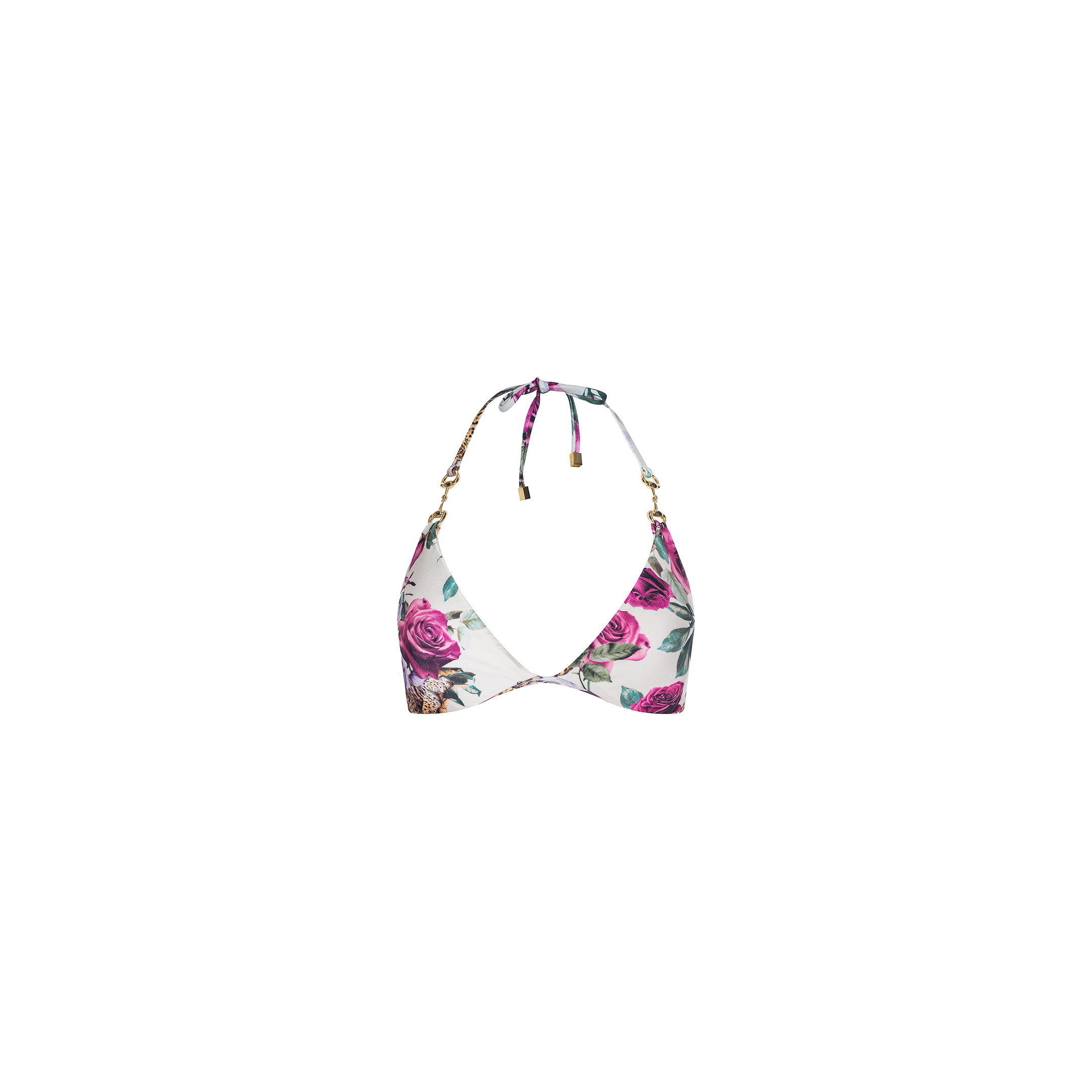 The Annabelle Triangle Bikini Top showcases a classic triangle silhouette with a floral print of pink and purple roses, featuring a halter neck tie and gold accents, displayed on a white background.