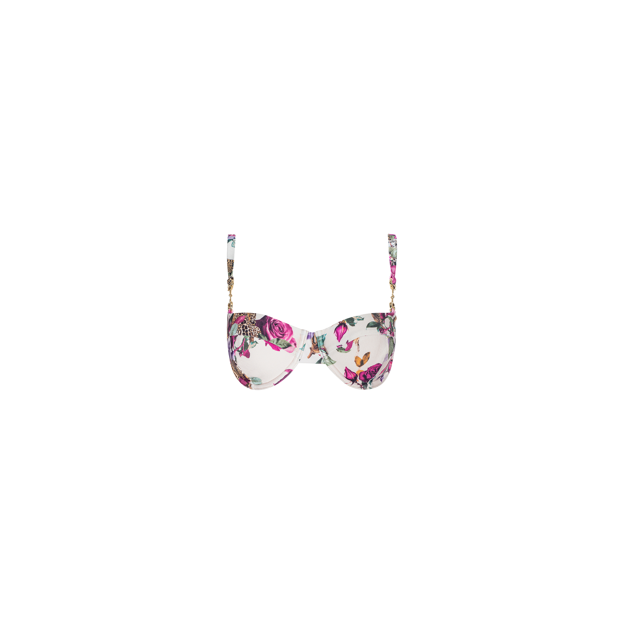 The Alexandria Bikini Top is a white balconette bikini top adorned with a colorful floral print featuring pink and purple flowers and green leaves. It has thin adjustable straps with gold accents.