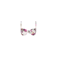 The Alexandria Bikini Top is a white balconette bikini top adorned with a colorful floral print featuring pink and purple flowers and green leaves. It has thin adjustable straps with gold accents.