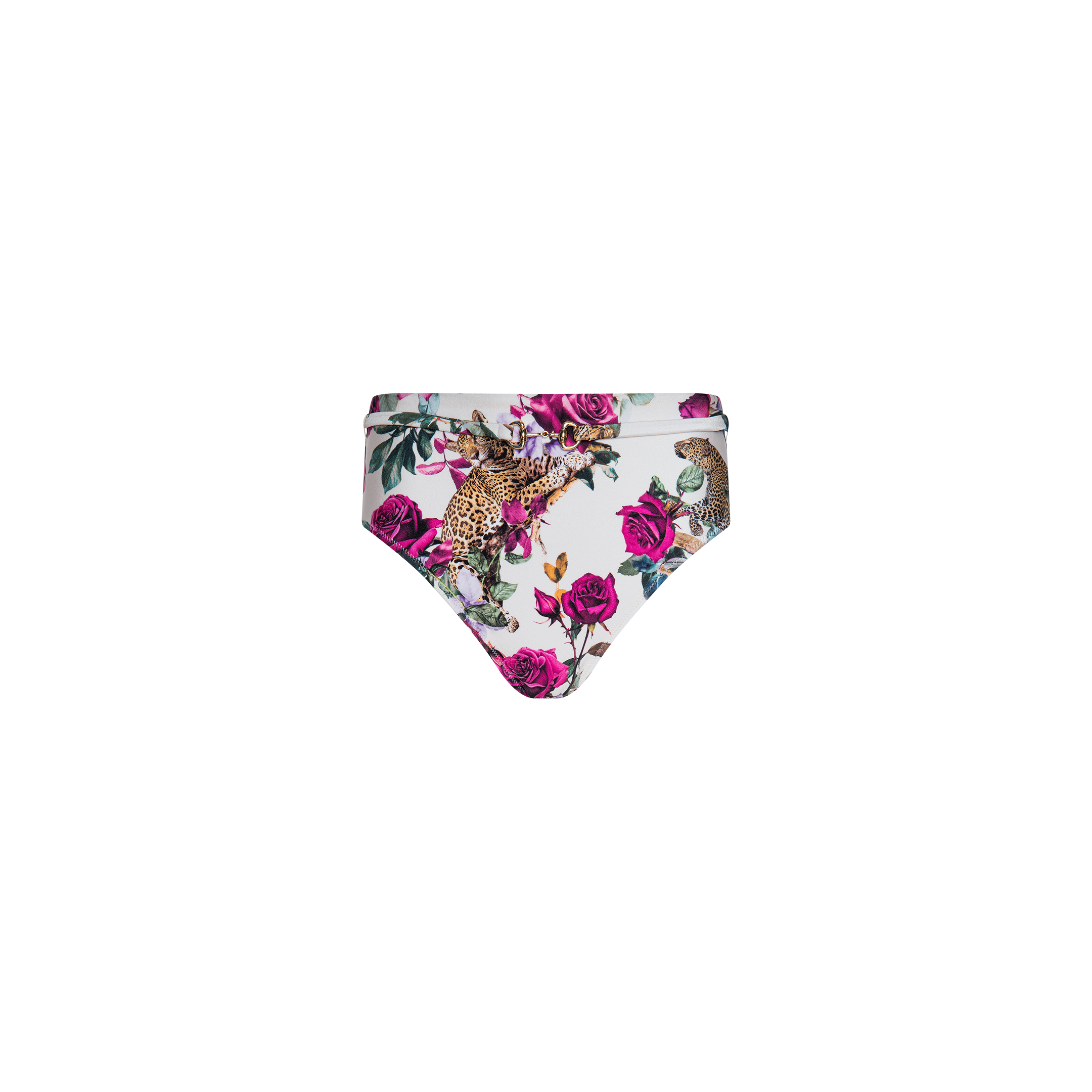 The Vanessa High-Waisted Bikini Bottom showcases a vibrant rose leopard print with pink and purple roses, green leaves, and leopards set against a white background. Enjoy added sun safety with UPF 50 protection.