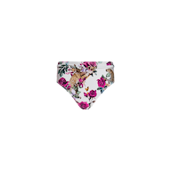 The Vanessa High-Waisted Bikini Bottom showcases a vibrant rose leopard print with pink and purple roses, green leaves, and leopards set against a white background. Enjoy added sun safety with UPF 50 protection.