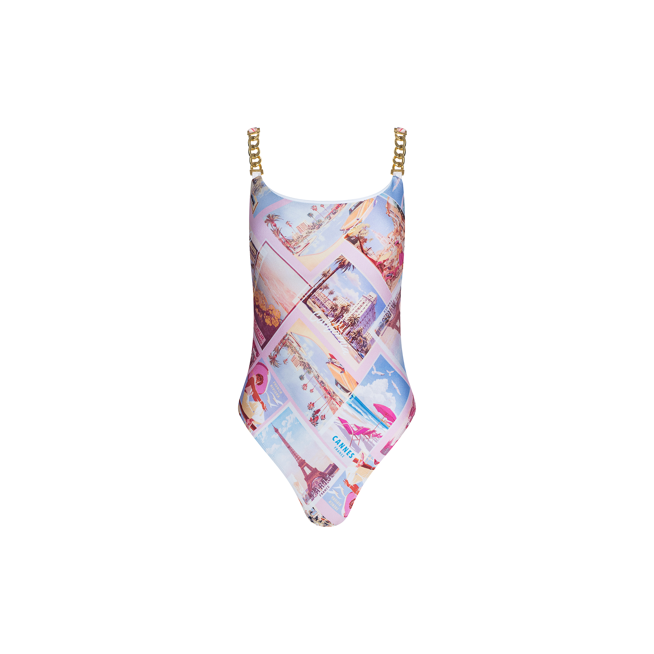 The Remi One-Piece Swimsuit features gold chain hardware straps and a pastel postcard print showcasing beaches, palm trees, and cityscapes. Displayed against a plain white background, this stylish maillot offers UPF 50 sun protection along with a standout design.