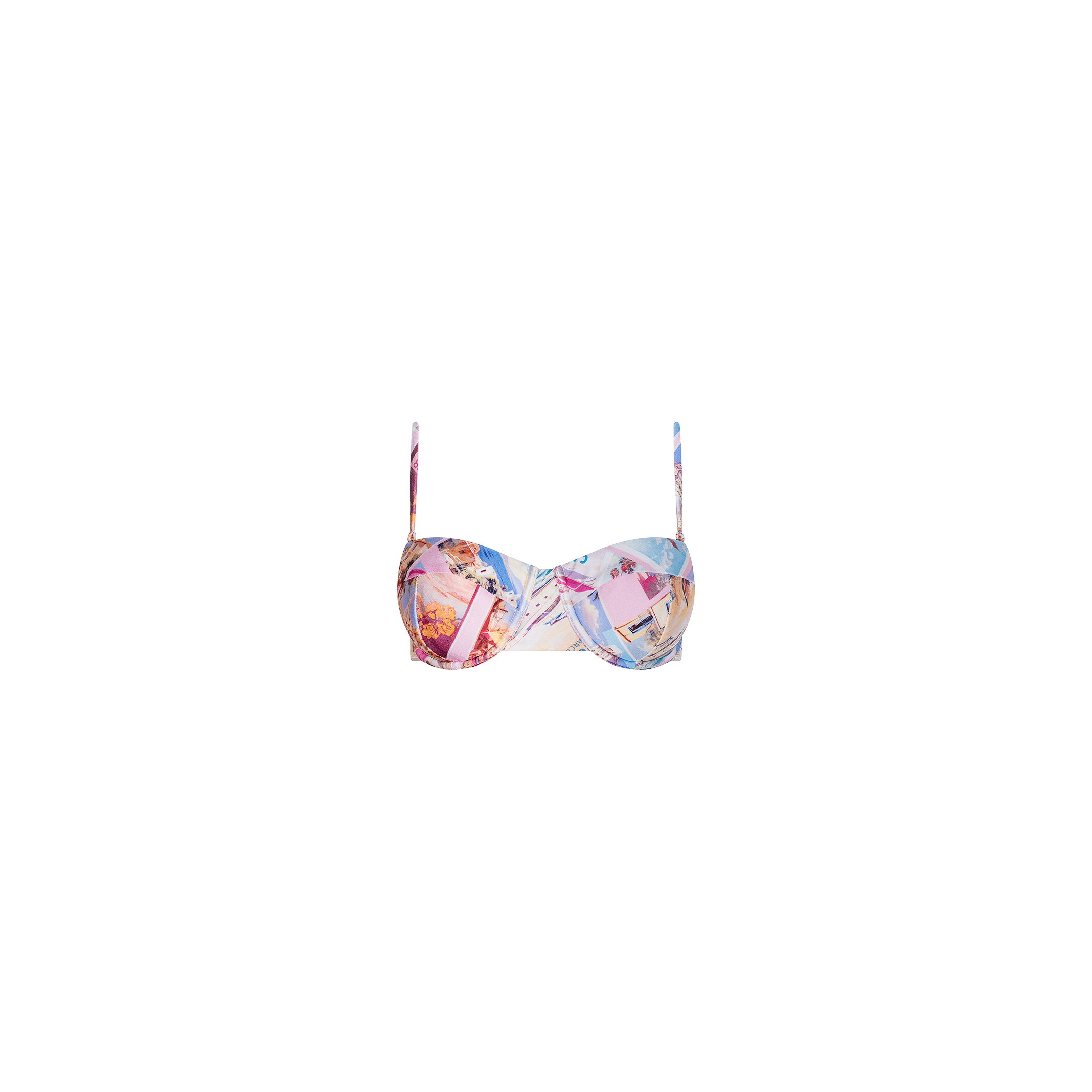 Alexandria Bikini Top: A vibrant balconette bikini top with thin, adjustable straps and a playful postcard print, displayed against a plain white background.