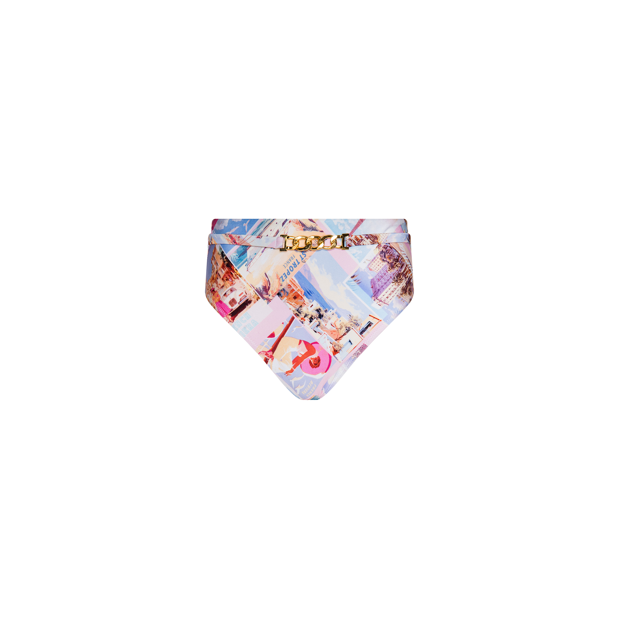 The Vanessa High-Waisted Bikini Bottom showcases a vibrant postcard print and is accented with a gold chain detail along the waistband, set against a plain white background.
