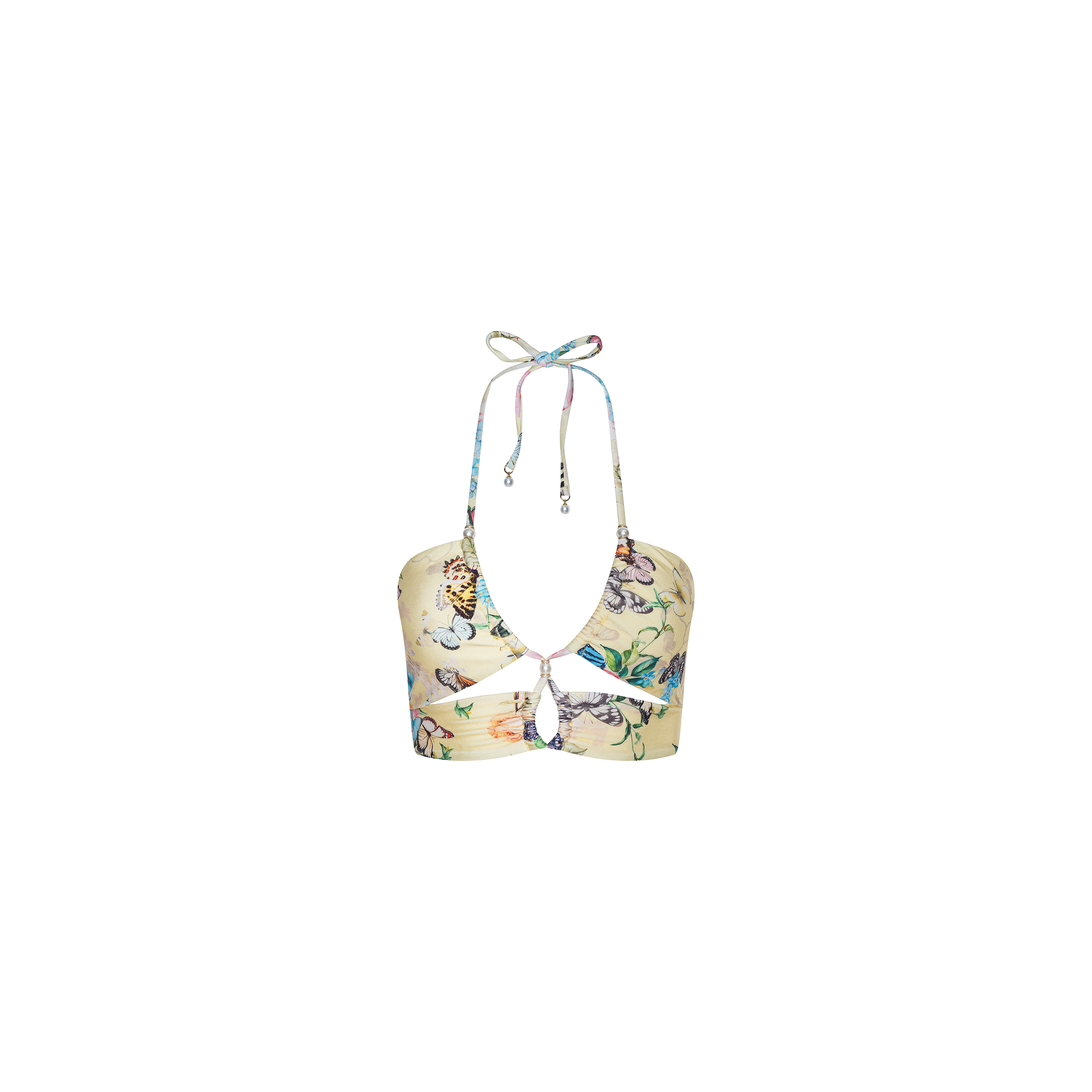 Sirena Bikini Top featuring a butterfly print, halter neckline with adjustable neck ties, and a keyhole cutout at the front, displayed on a plain white background.