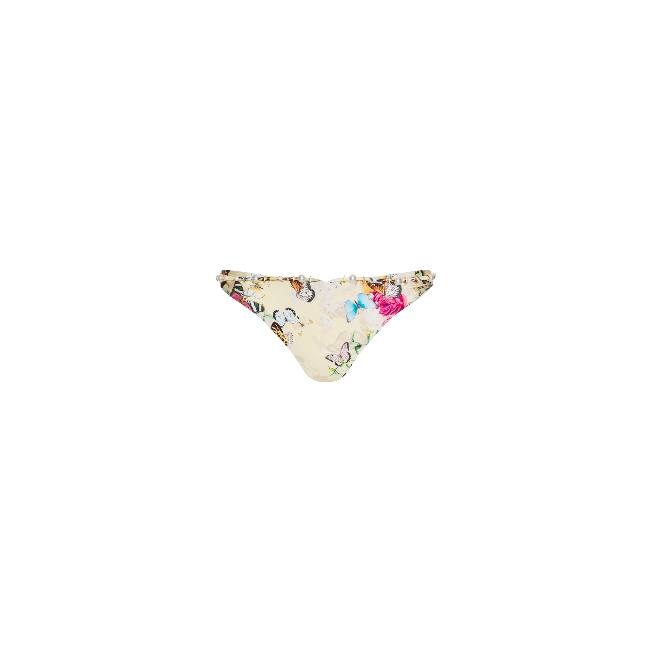 Jean Bikini Bottom with a high-leg cut, featuring a white base adorned with colorful flower and butterfly prints, displayed against a plain white background.