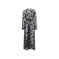 The Janus Cover-Up Robe is a long-sleeved, floor-length black lace maxi beach dress featuring a see-through floral pattern and a defined waistband, displayed on a plain white background.