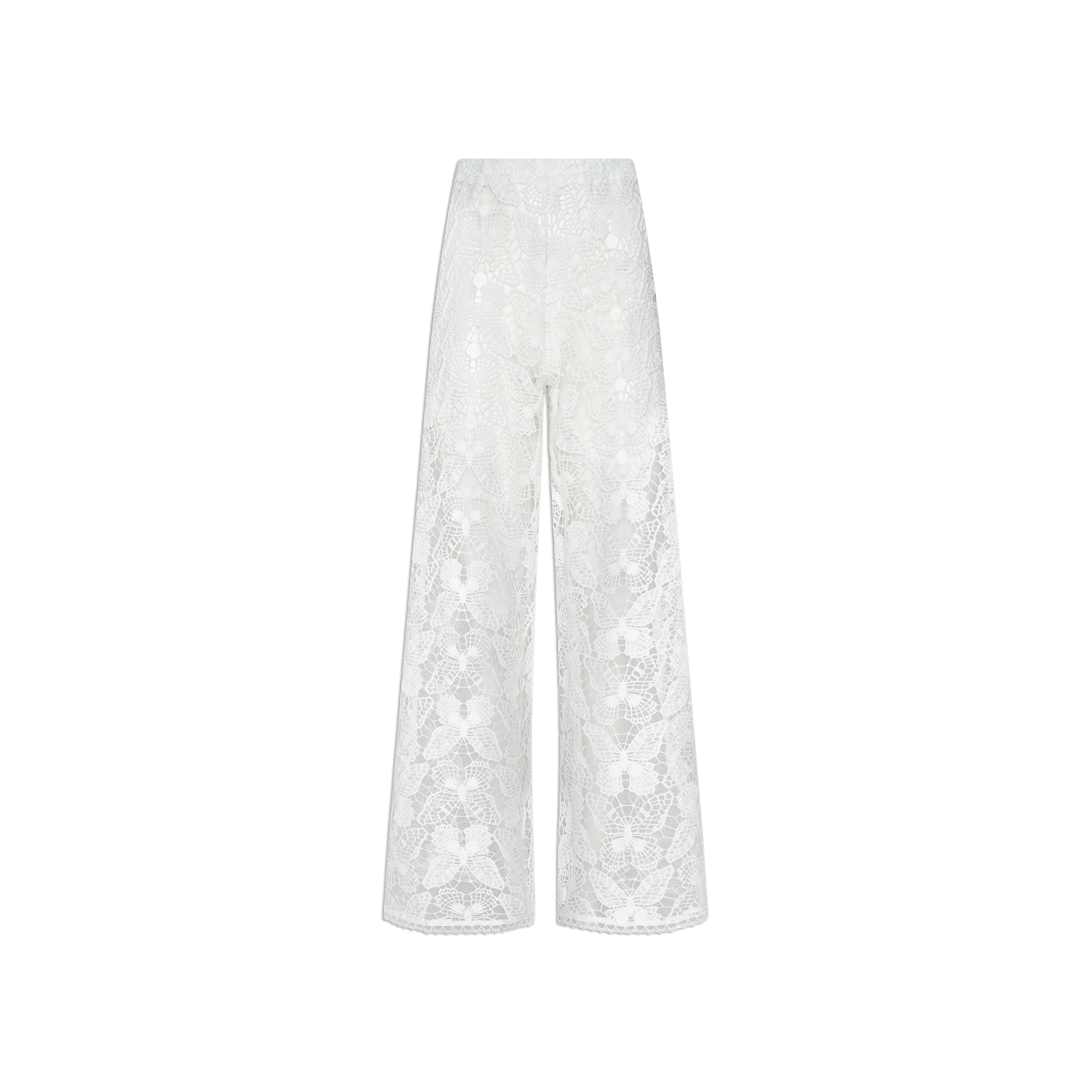 The Geraldine Cover-Up Pant is a white lace, high-waisted wide-leg pant showcasing a sheer floral pattern and subtle bohemian inspiration. Delicate and elegant, these pants are displayed against a plain white background.