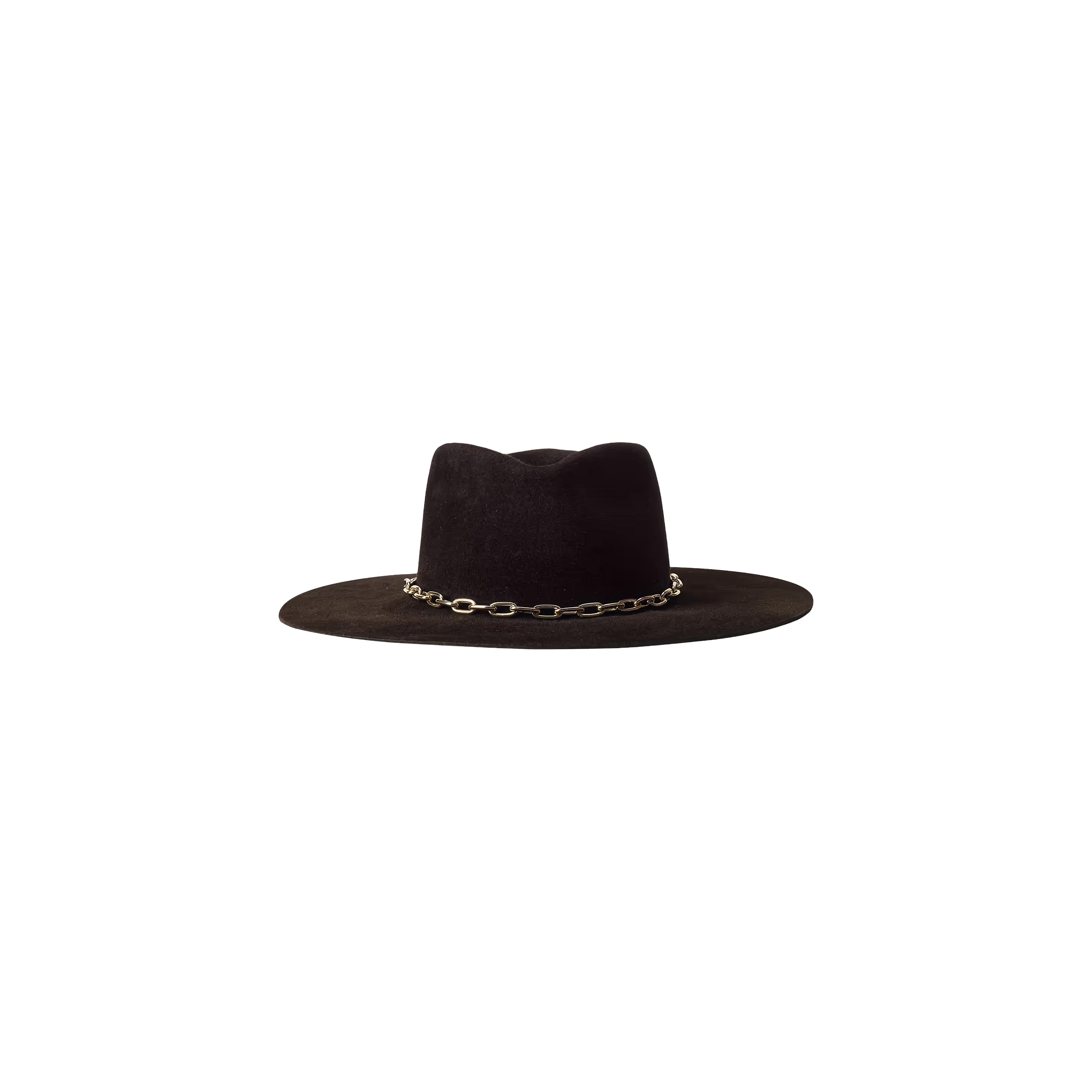 The Umbra Hat features a wide black brim and a silver chain band encircling the base of the crown, beautifully showcasing handcrafted millinery against a plain white background.