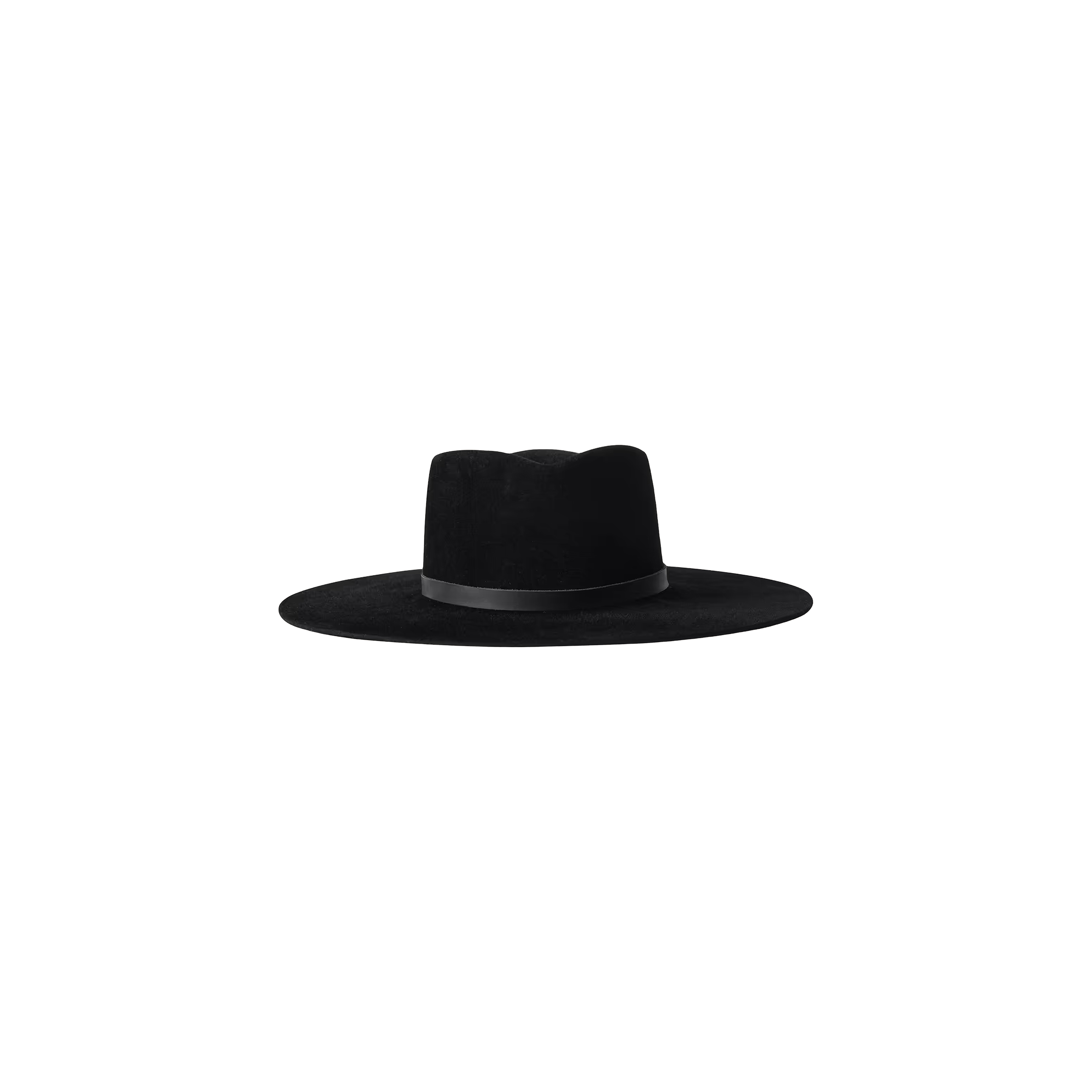 The Reyes Leather Band Fedora features a black felt wide brim, a flat crown, and is accented with a sleek black leather band, shown against a plain white background.