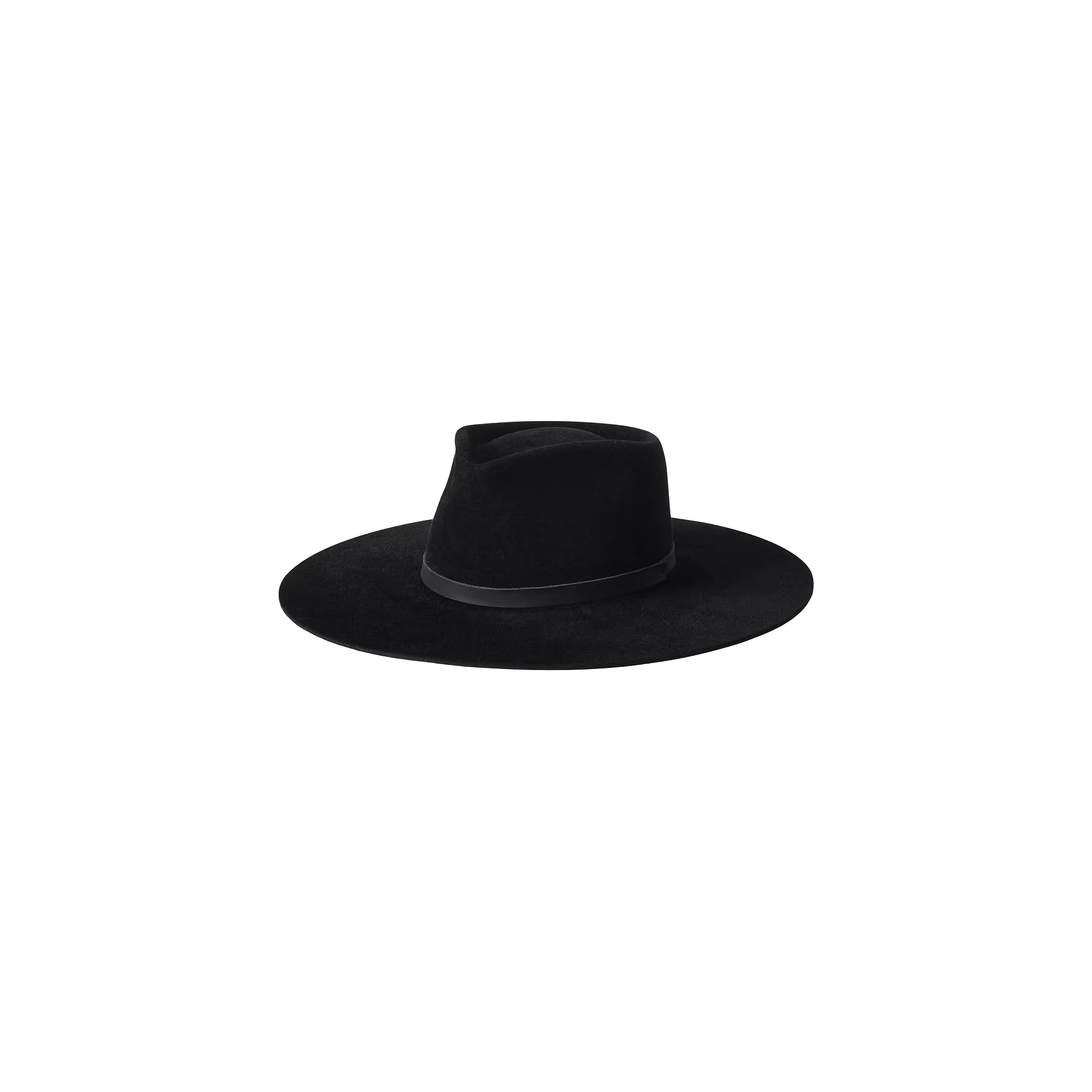 The Reyes Leather Band Fedora is a handcrafted wide-brim felt hat featuring a flat crown and a matching black leather band, showcased against a plain white background.