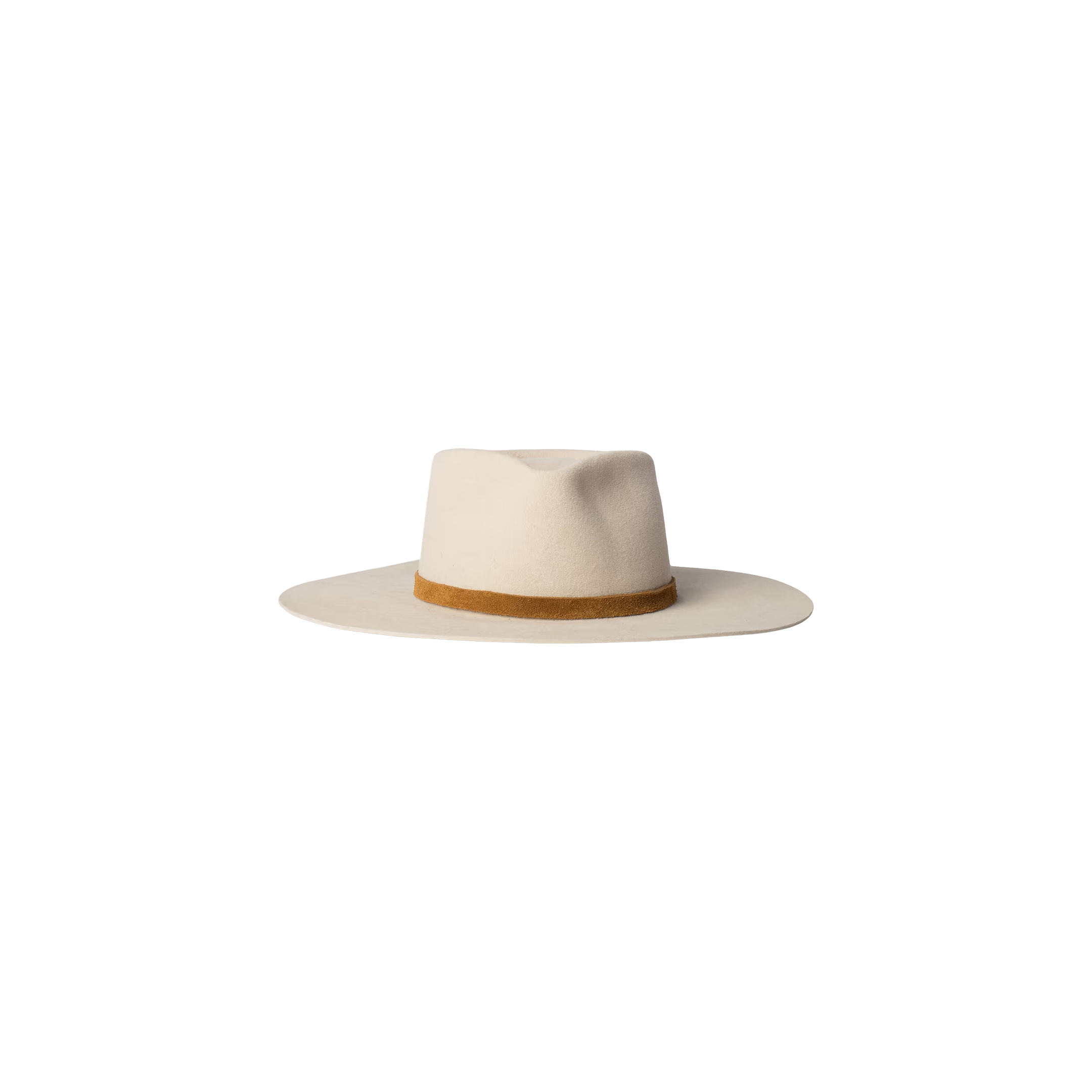 A cream-colored felt wide brim hat with a light brown leather band around the crown, the Reyes Leather Band Fedora by Gladys Tamez Millinery, displayed on a plain white background.