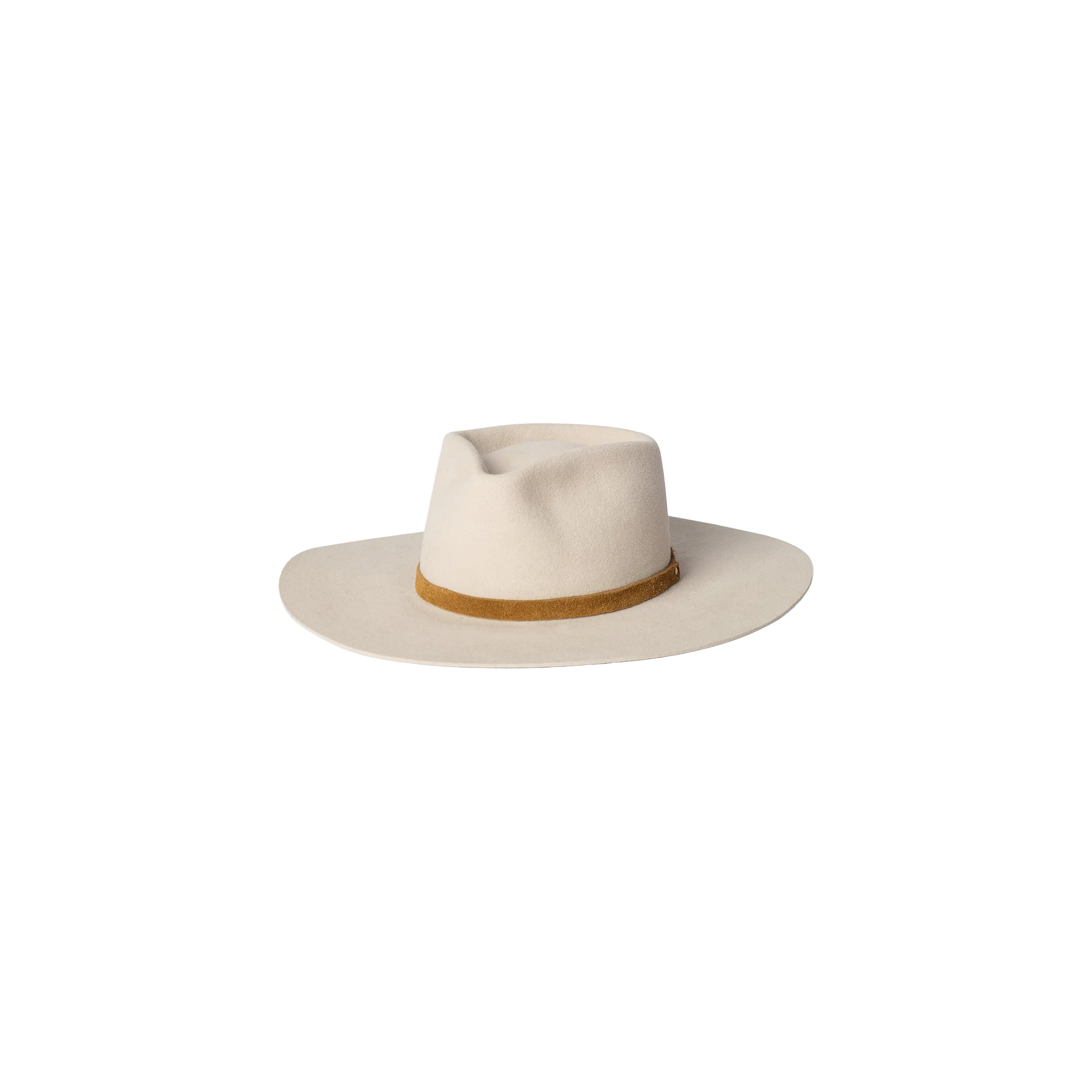 The Reyes Leather Band Fedora by Gladys Tamez Millinery is a handcrafted felt wide brim hat in off-white, accented with a light brown leather band around the crown, and displayed against a plain white background.