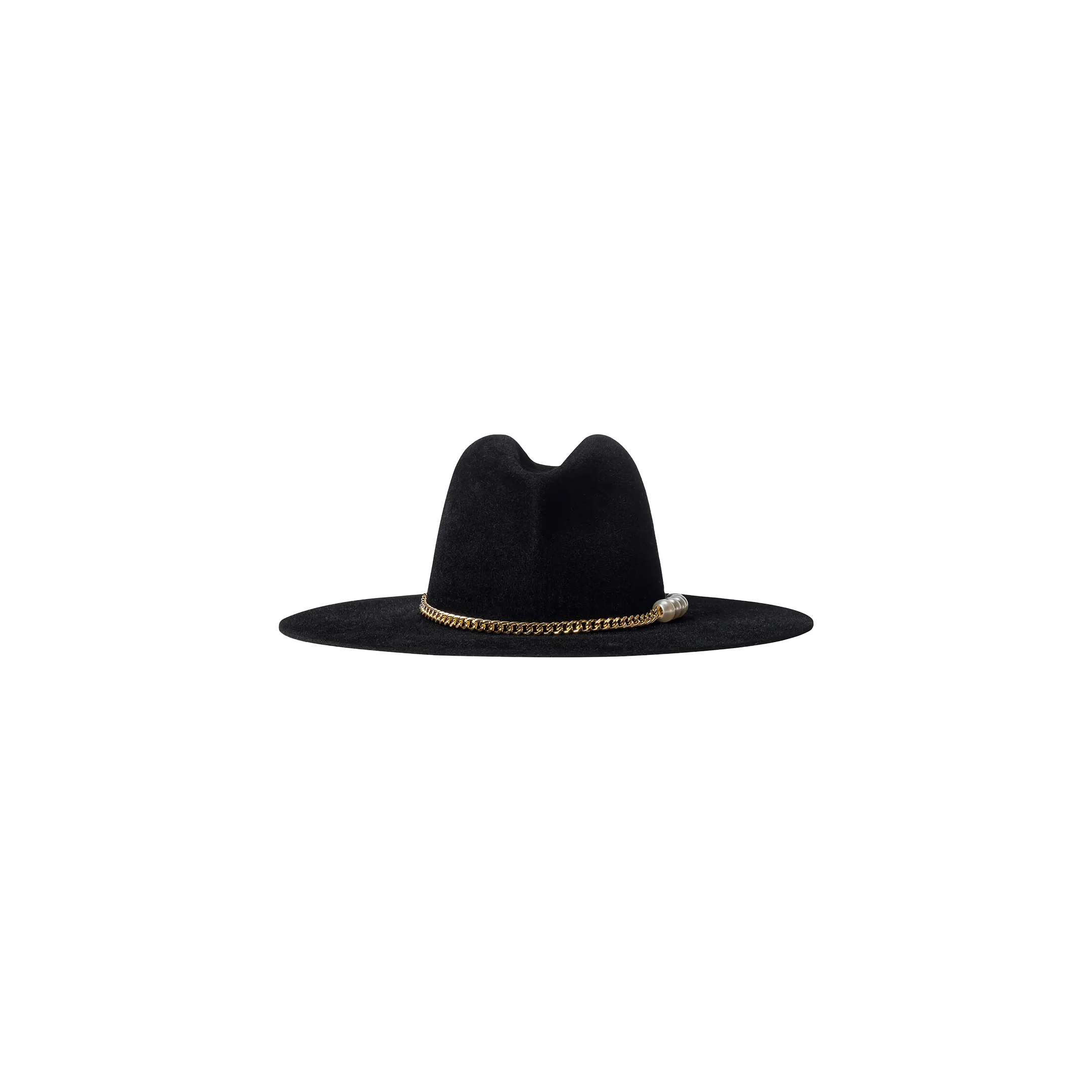 The Allende Hat is a black felt cowboy hat featuring a gold chain band around the base, displayed against a plain white background.