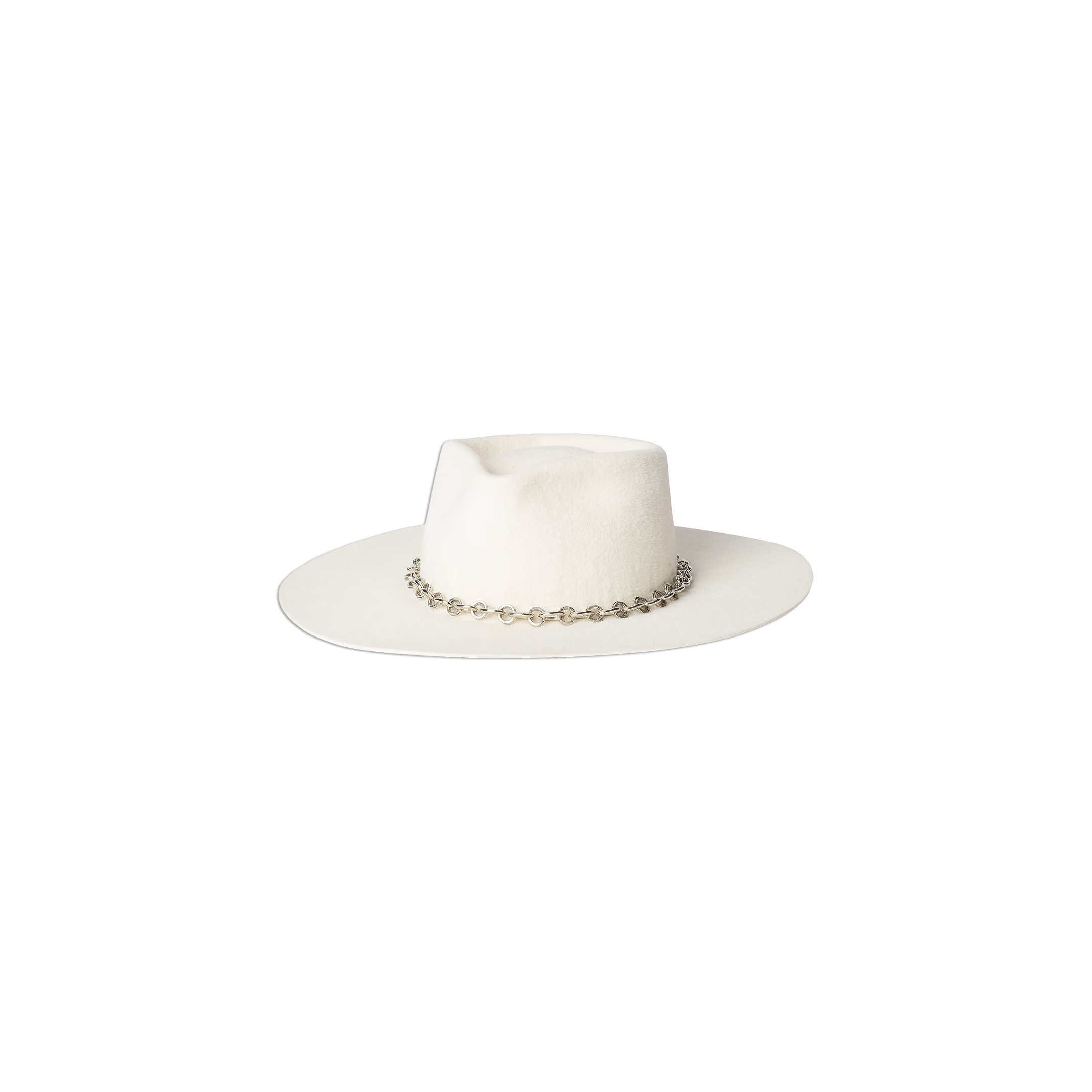 Introducing the Umbra Hat—a handcrafted wide-brimmed design in white felt velour, made in LA and adorned with a silver chain band at the crown’s base, elegantly showcased on a plain white background.