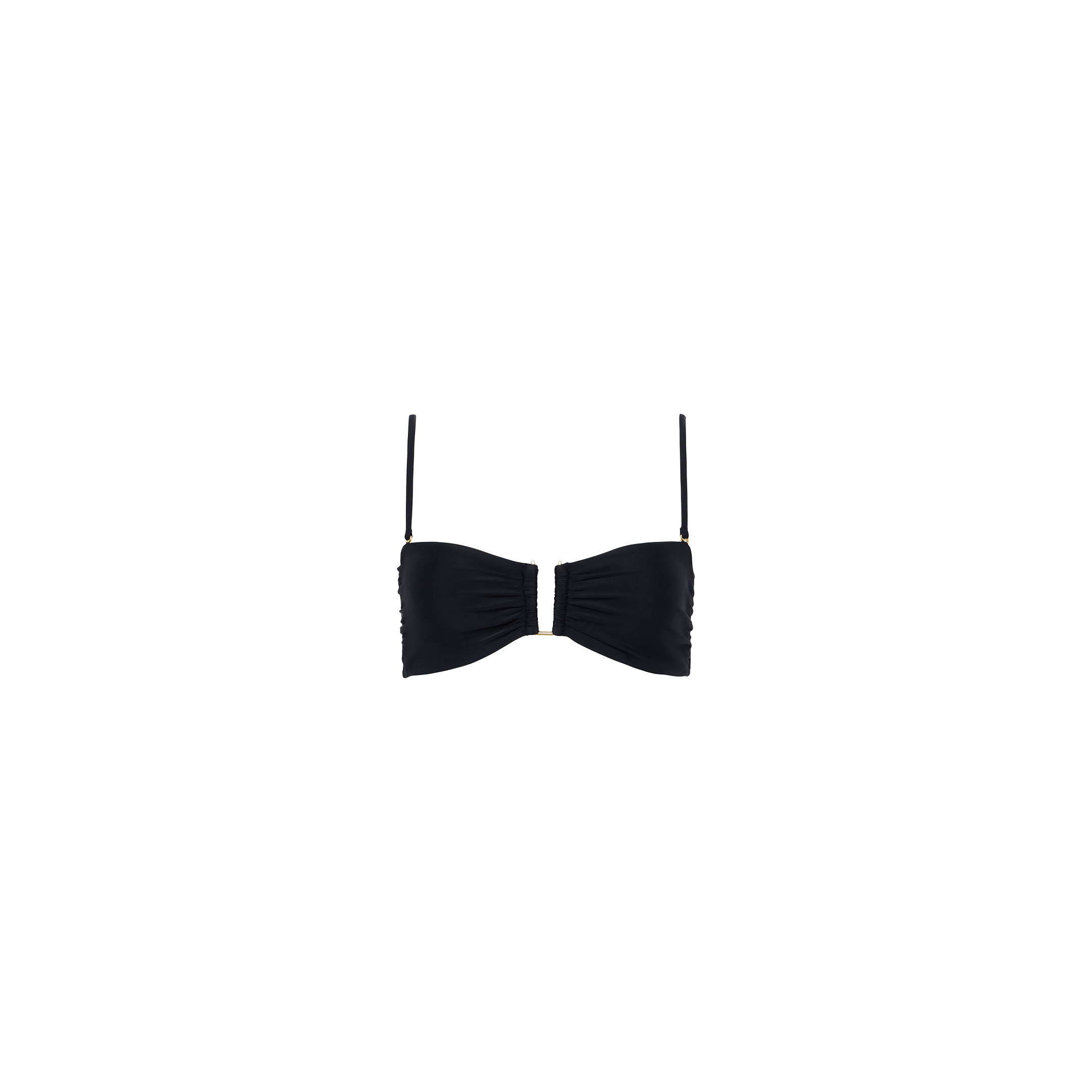 Krysta Bandeau Top featuring a black, minimal and modern design with thin adjustable and removable straps, displayed on a plain white background. The fabric is gathered at the center for a ruched effect.