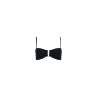 Krysta Bandeau Top featuring a black, minimal and modern design with thin adjustable and removable straps, displayed on a plain white background. The fabric is gathered at the center for a ruched effect.