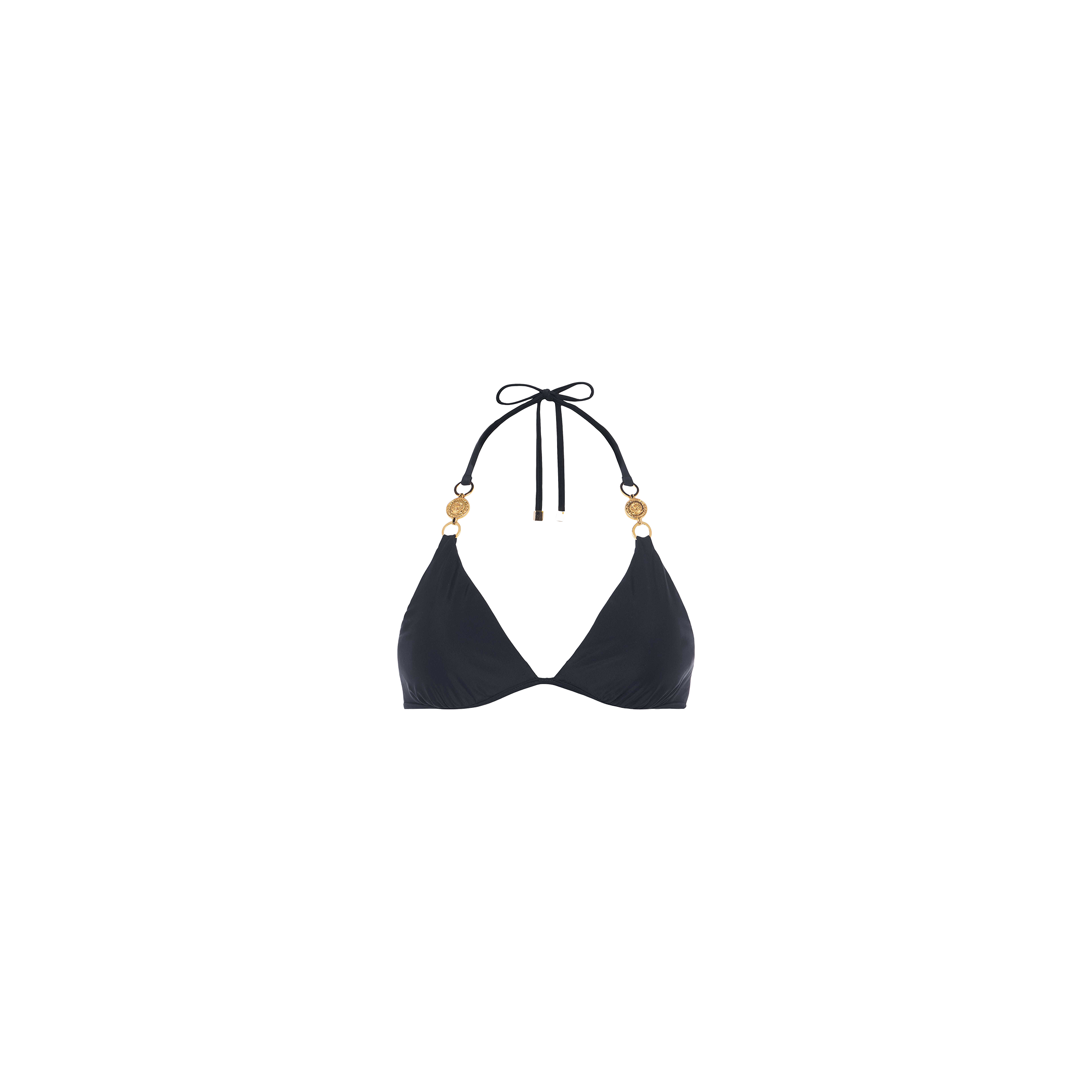 The Annabelle Triangle Bikini Top is a black halter-neck style featuring gold coin hardware accents on the straps and adjustable ties for a customizable fit. It is displayed against a plain white background.