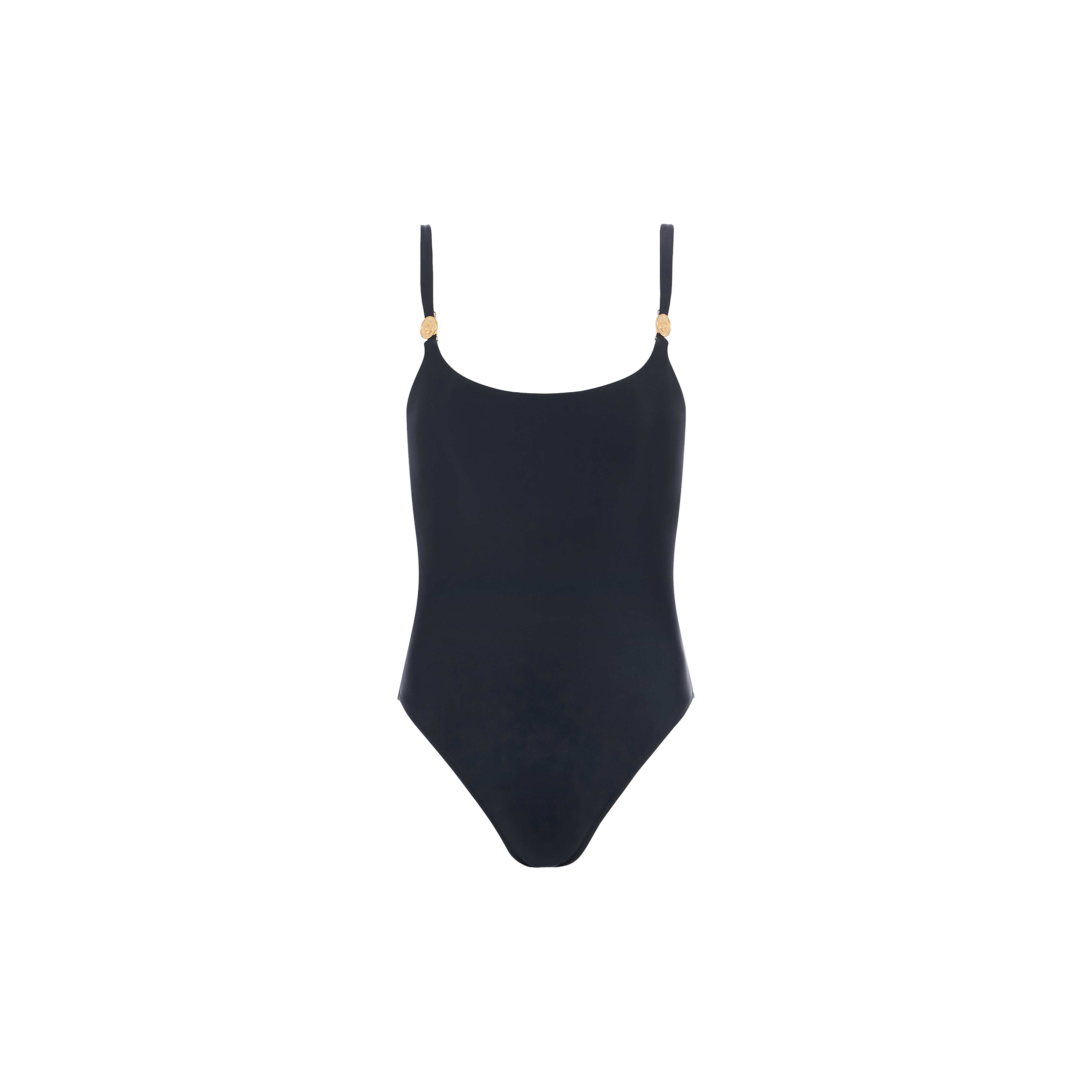 The Remi One-Piece Swimsuit in black features thin adjustable shoulder straps, gold-tone hardware accents, underwire construction, and a high leg cut, displayed against a plain white background.