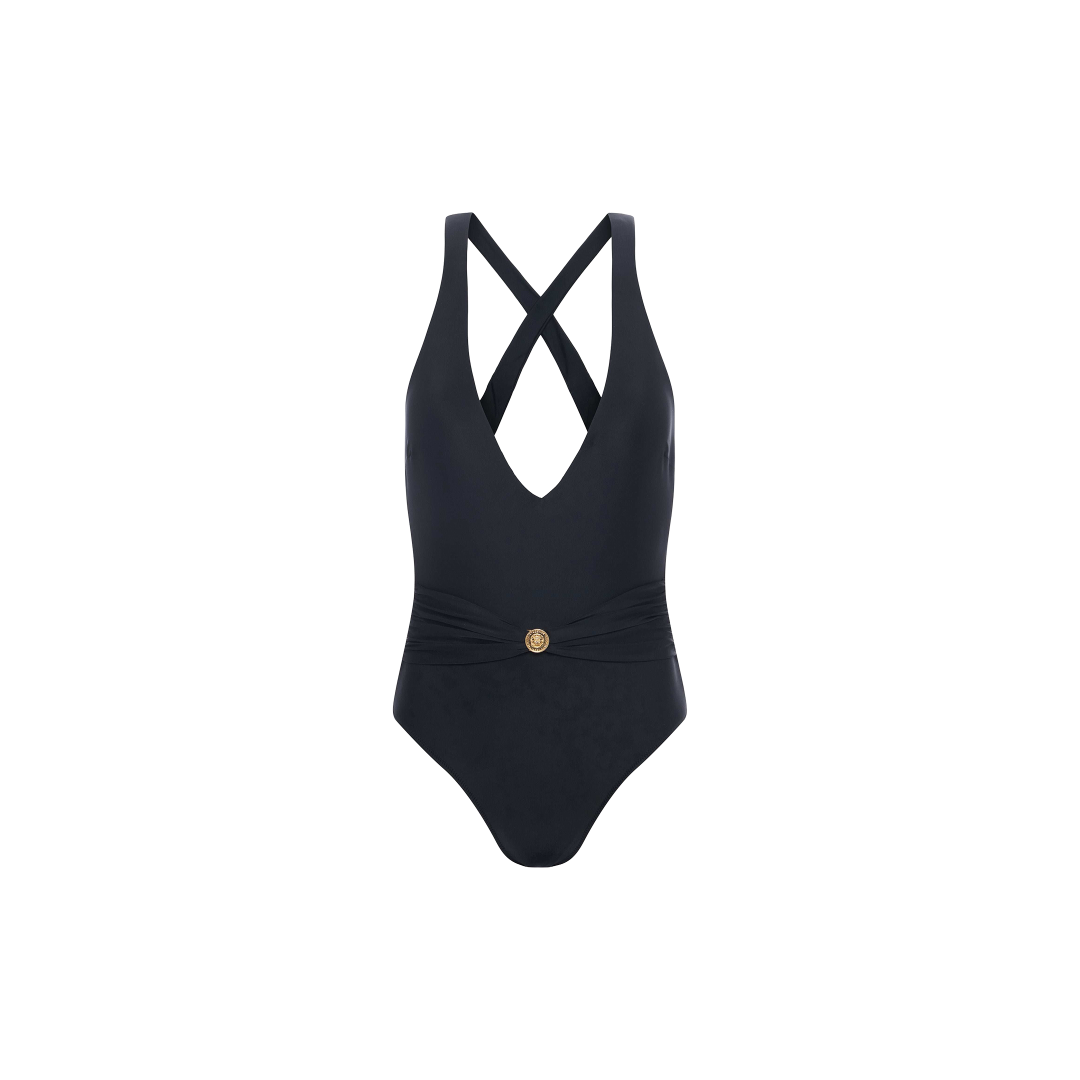 Lisa Plunge One-Piece Swimsuit in black, featuring a plunging neckline, crisscross straps at the back, a gold decorative button at the waist, and a ruched waistband. Displayed against a plain white background.