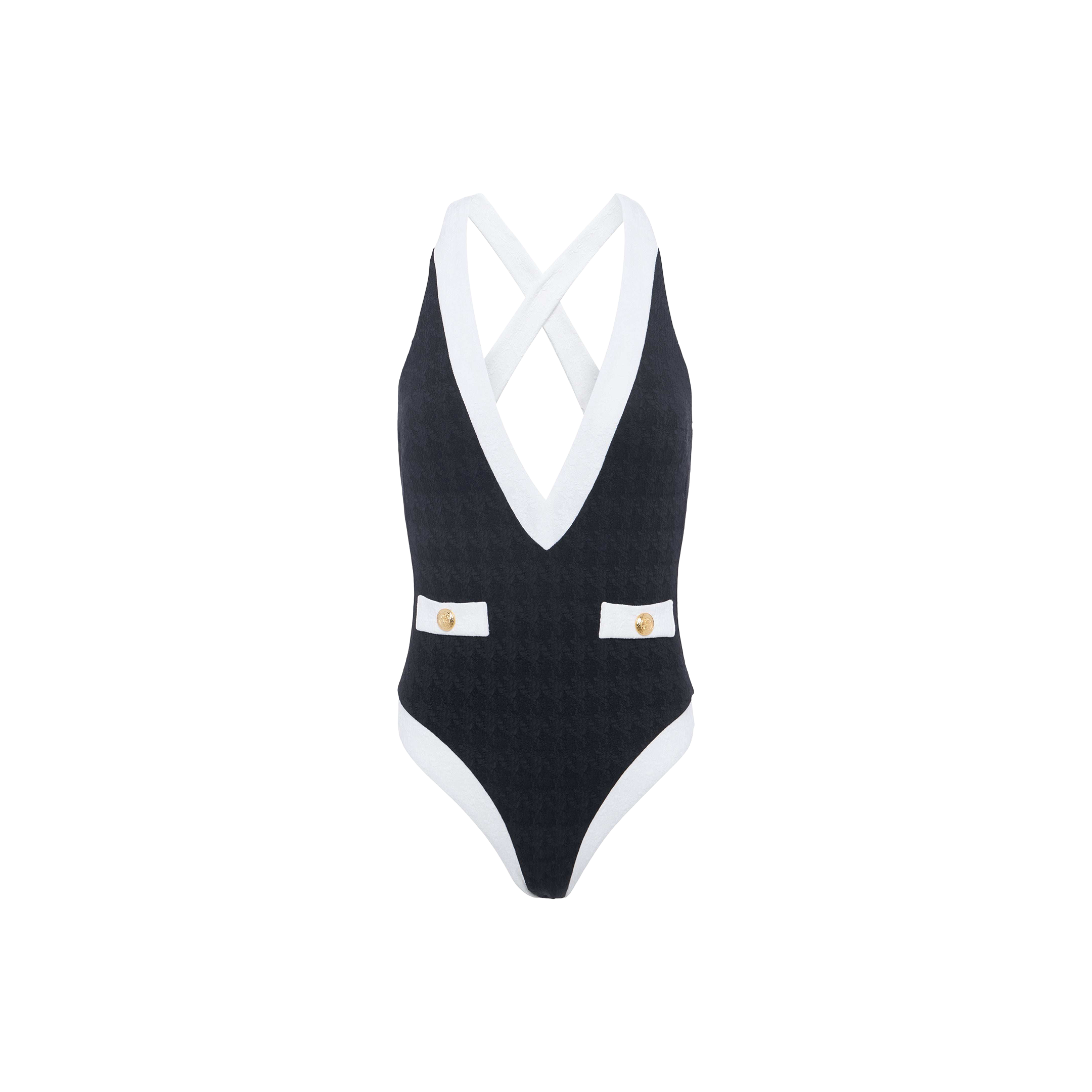The Lisa Plunge One-Piece Swimsuit features a black textured bouclé fabric, a deep V-neckline with white trim, criss-cross back straps, and two decorative buttons at the waist. Designed for moderate bottom coverage, this swimsuit blends modern elegance with a flattering silhouette.