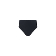 The Vanessa High-Waisted Bikini Bottom is a versatile black swimwear piece featuring a high-waisted design and moderate coverage, displayed on a white background.