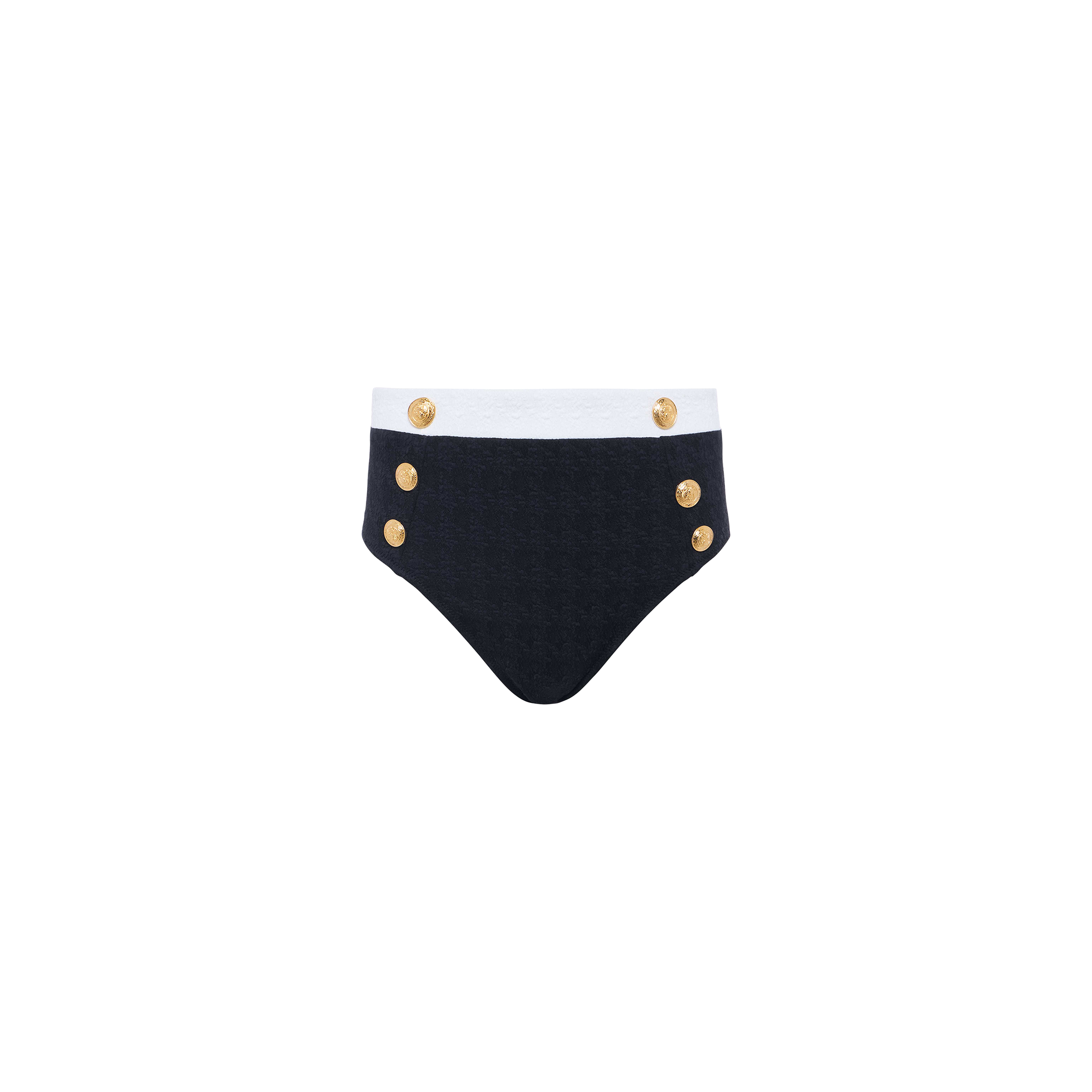 Vanessa High-Waisted Bikini Bottom in textured black bouclé fabric, designed with a white waistband and six gold decorative buttons—three on each side of the front. Shown against a plain white background.