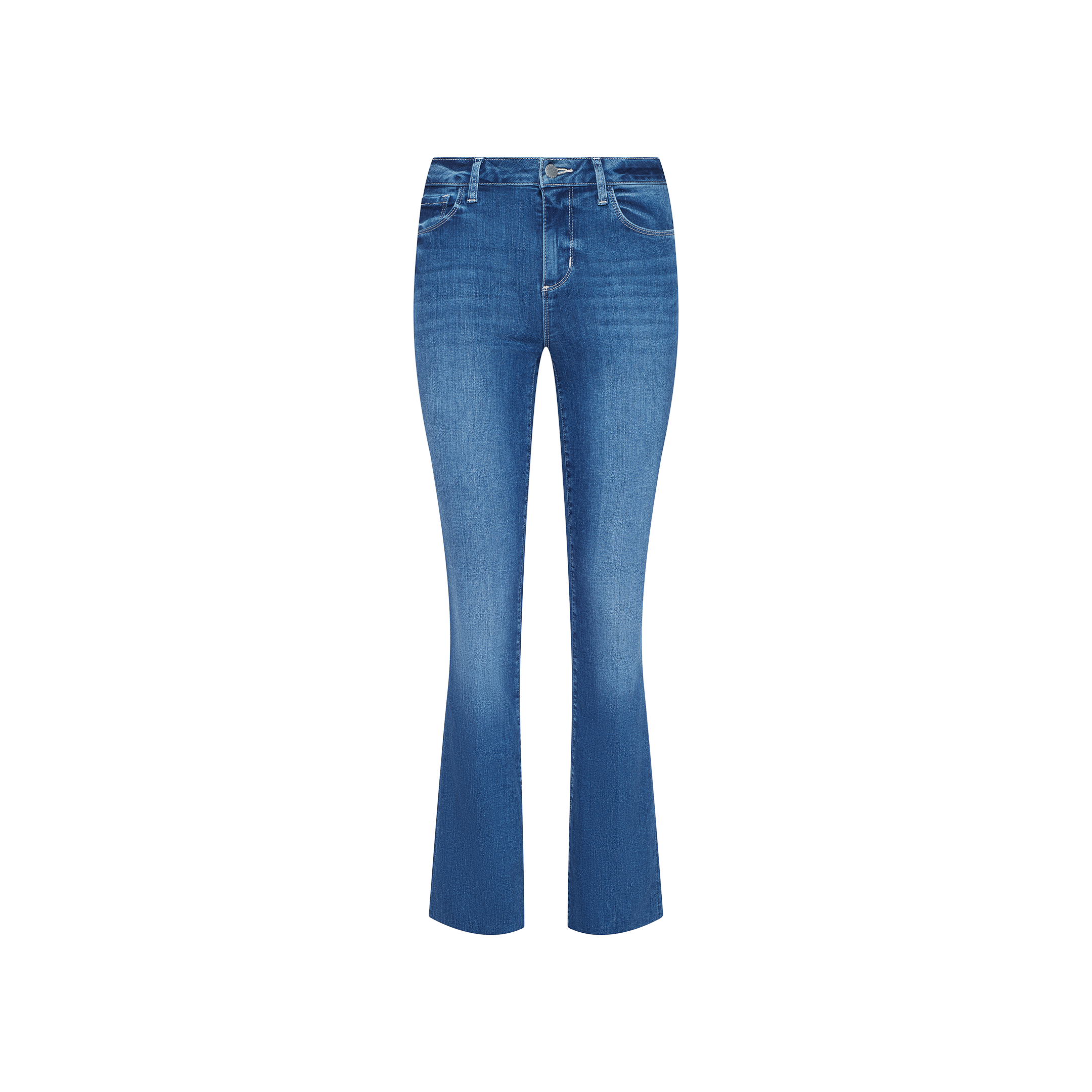 The Petite Ruth Straight-Leg Jean in heritage indigo features a slight flare at the bottom, a classic five-pocket design, front zipper and button closure, and is crafted from super stretch denim. Shown on a plain white background.