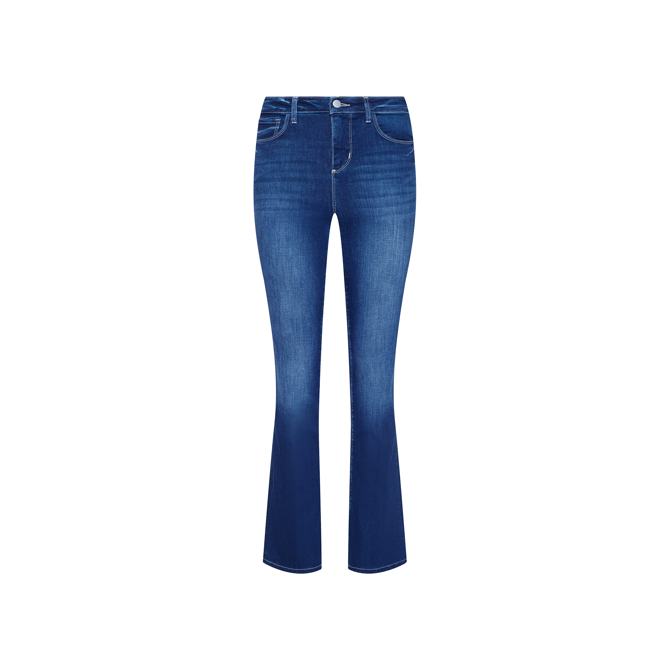 The Petite Selma Bootcut Jean, crafted from super stretch denim, features a bootcut silhouette in blue with front pockets, button closure, and slightly faded detailing on the thighs. It is displayed against a plain white background.