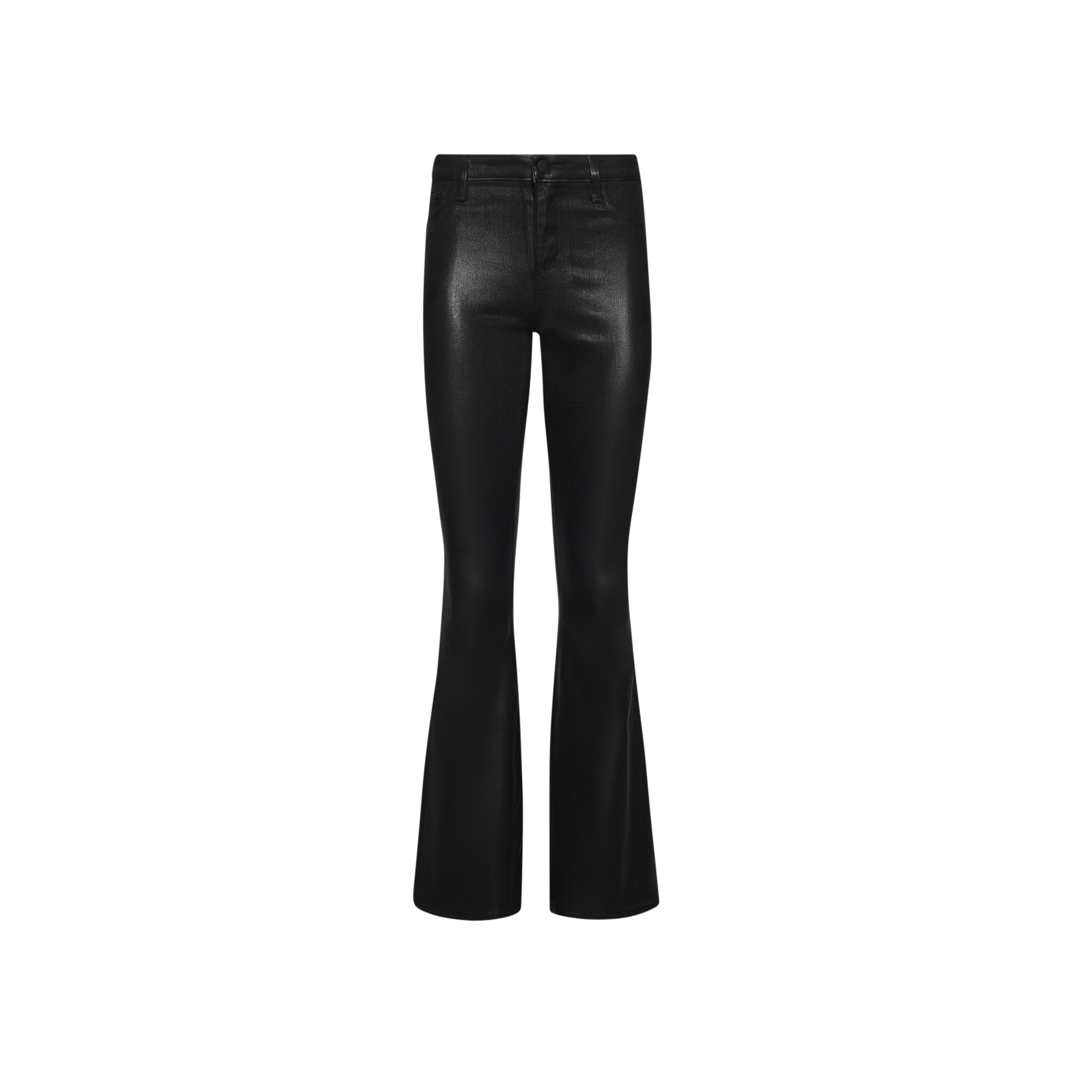Petite Marty Coated Jean—black coated denim flared pants featuring a high-rise waist, front zipper, and button closure, displayed on a plain white background.