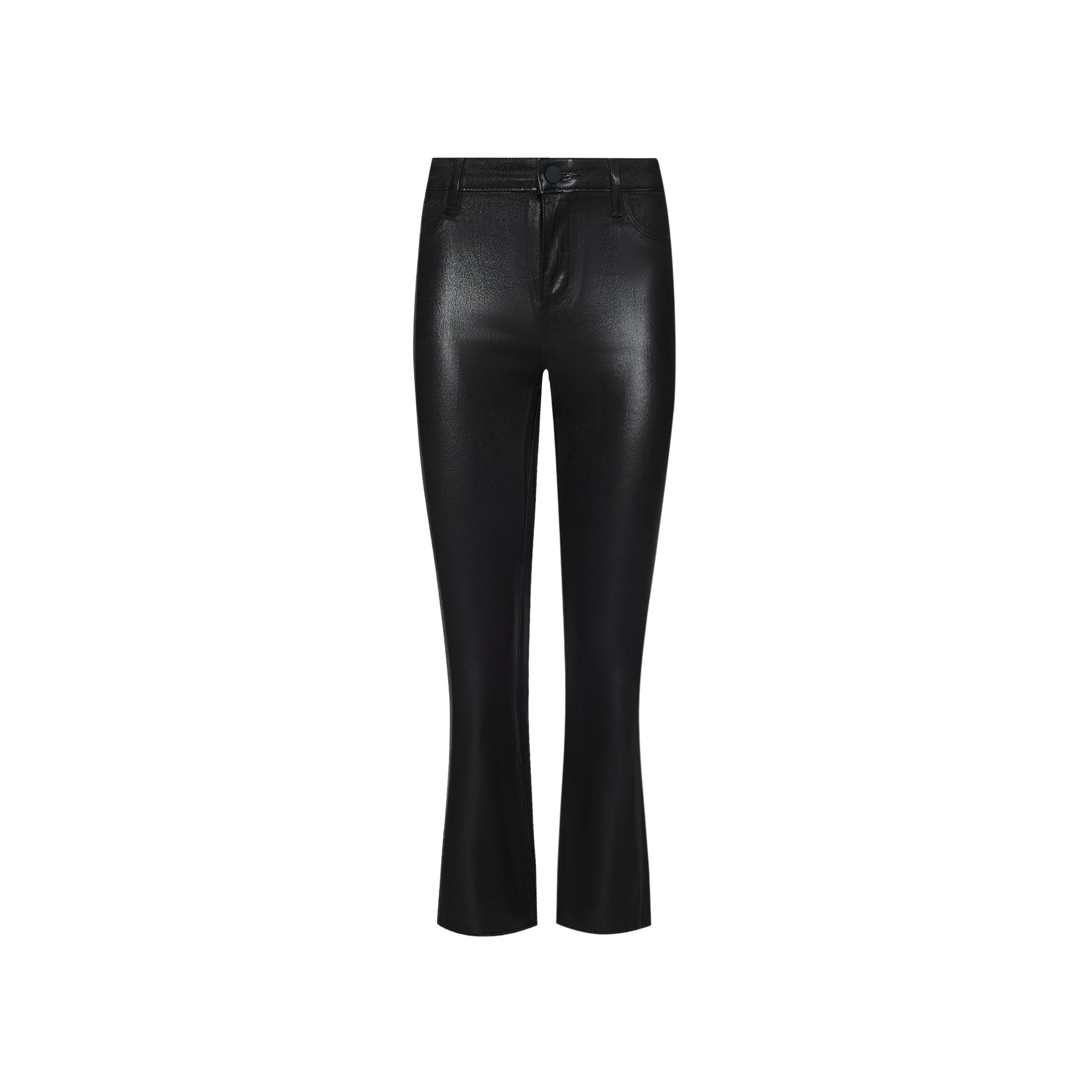 Petite Kendra Coated Jean in black faux leather features a high-rise waist, straight, slightly flared leg, classic five-pocket styling, and front button and zipper closure. Displayed on a plain white background.