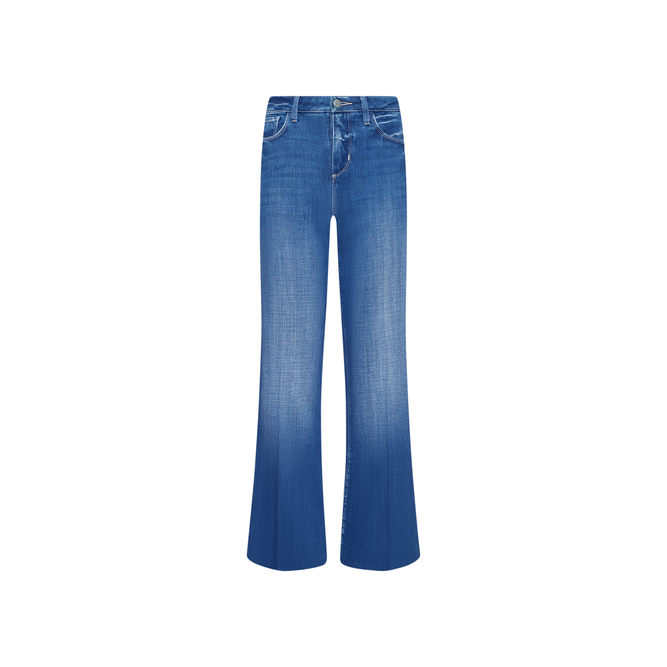 Petite Scottie Wide-Leg Jean in blue denim featuring a high-rise fit, button and zip closure, five-pocket design, and light fading on the thighs. Shown against a plain white background.