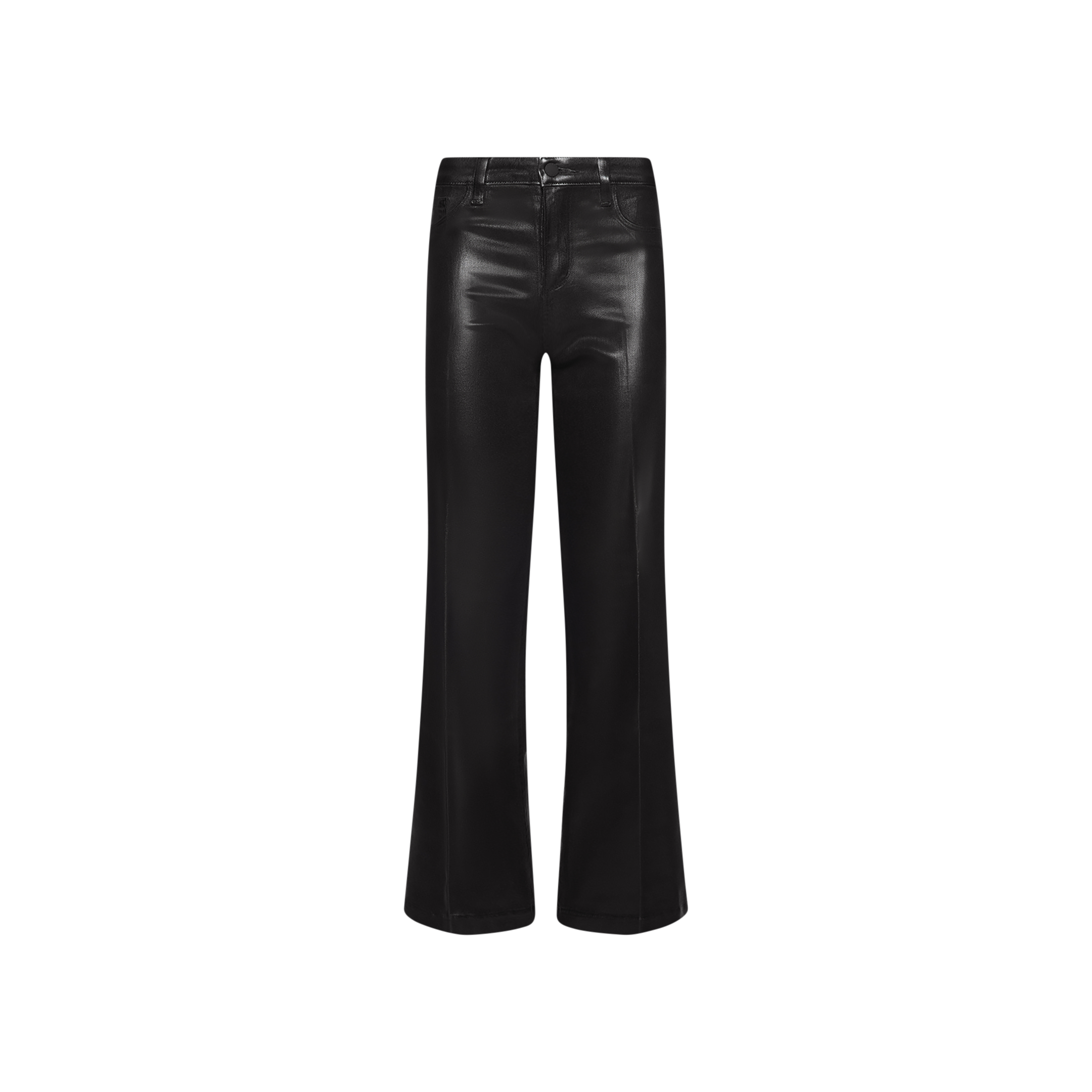 Petite Scottie Coated Jean in black displayed on a white background, featuring a high-rise waist, front zipper, belt loops, and a smooth, shiny coated denim finish in a straight-leg silhouette.