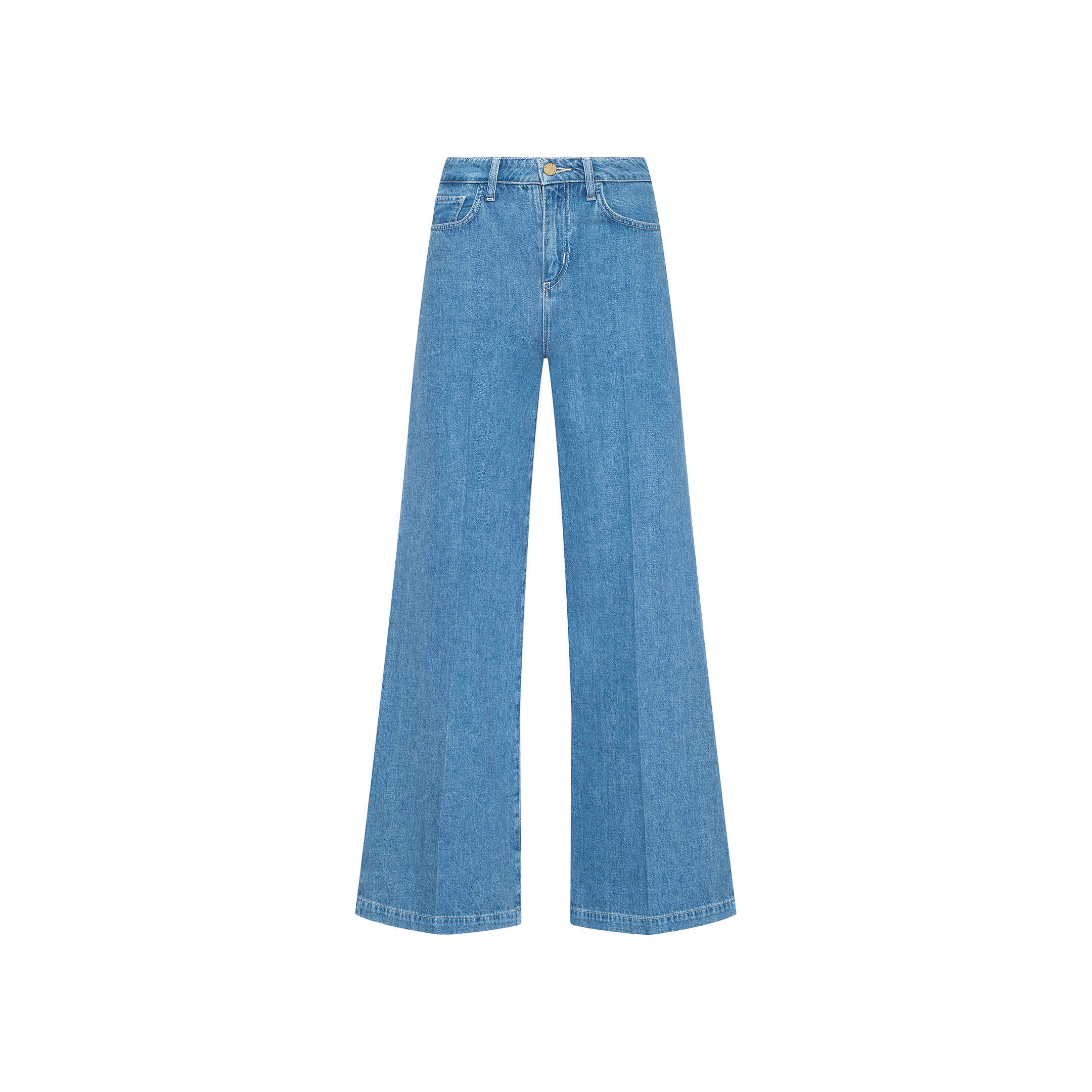 The Petite Quincy Wide-Leg Jean, crafted from featherweight denim in light blue, features a high-waisted fit with front and back pockets and a button and zipper closure, shown on a white background.