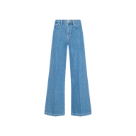 The Petite Quincy Wide-Leg Jean, crafted from featherweight denim in light blue, features a high-waisted fit with front and back pockets and a button and zipper closure, shown on a white background.
