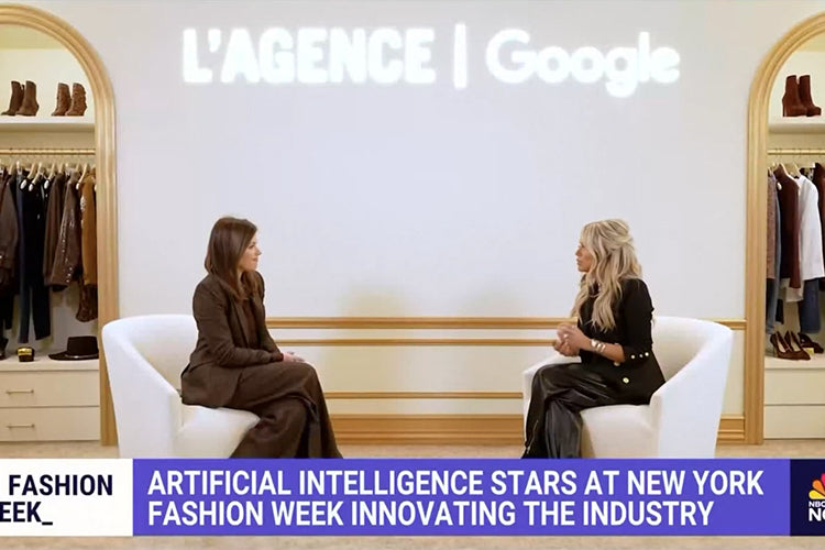 Two women sit and talk in a stylish clothing store with LAGENCE | Google displayed on the wall behind them. A news banner reads: Artificial intelligence stars at New York Fashion Week innovating the industry.